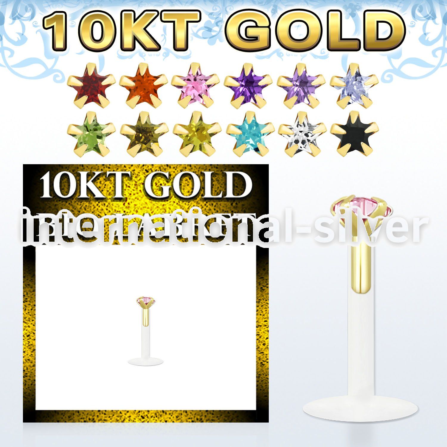 gibizsm bioflex labret with push in gold top w star prong cz