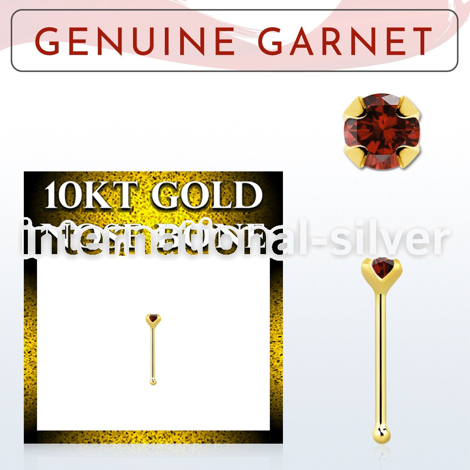 ginbge2 10kt gold nose bone with a 2mm prong set garnet
