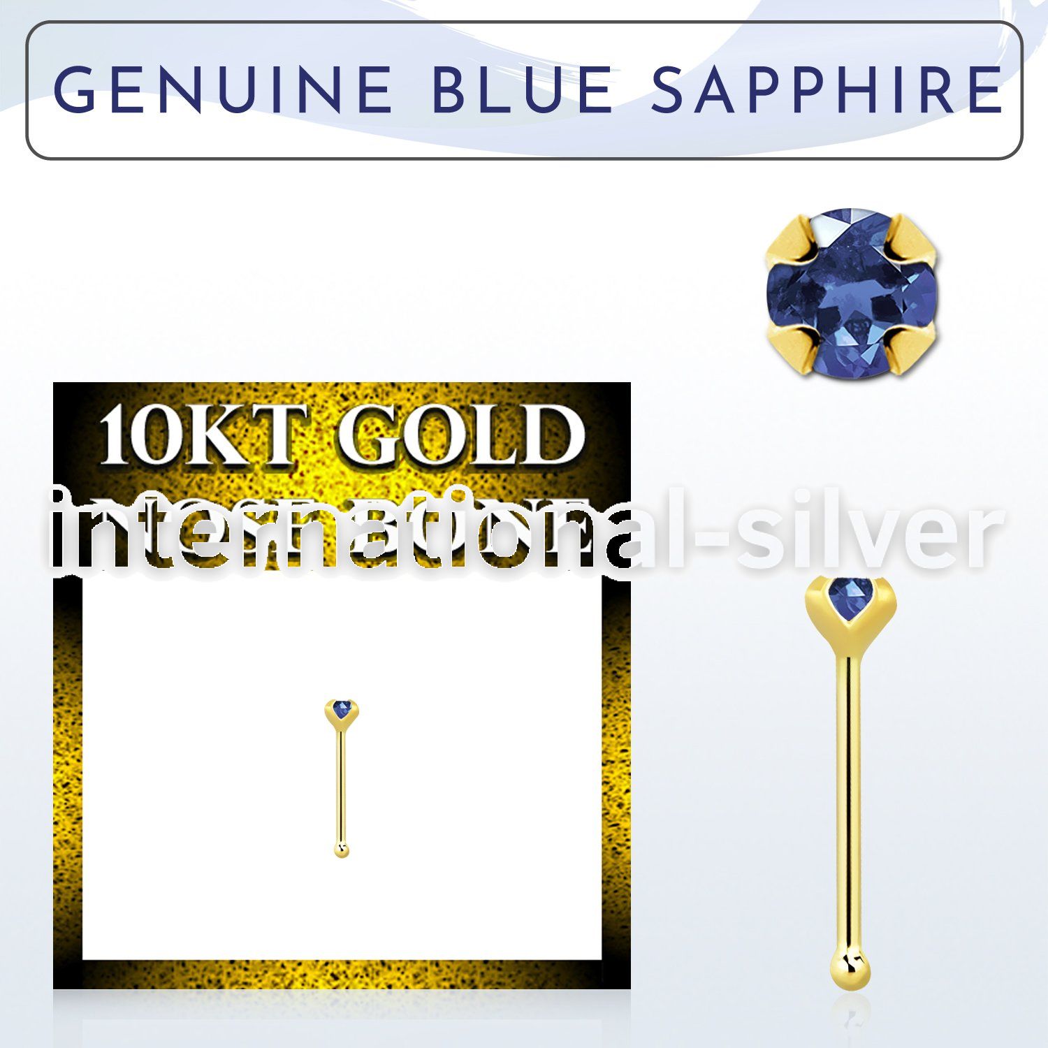 ginbge9 10kt gold nose bone with a 2mm prong set blue sapphire