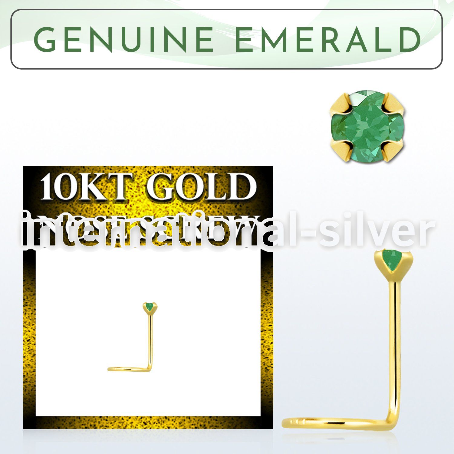 giscge10 10kt gold nose screw with a 2mm prong set emerald stone