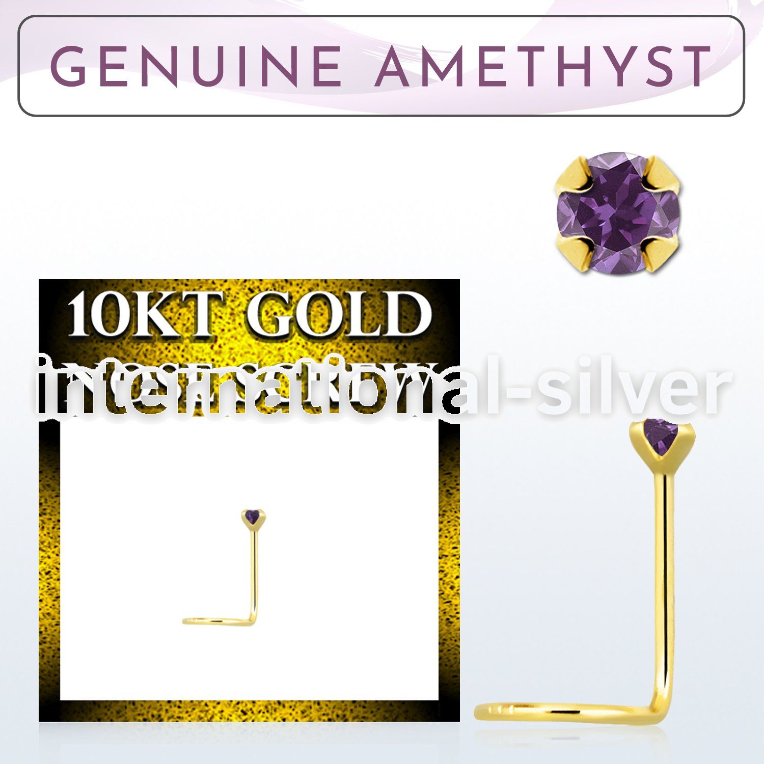 giscge1 10kt gold nose screw with a 2mm prong set amethyst stone