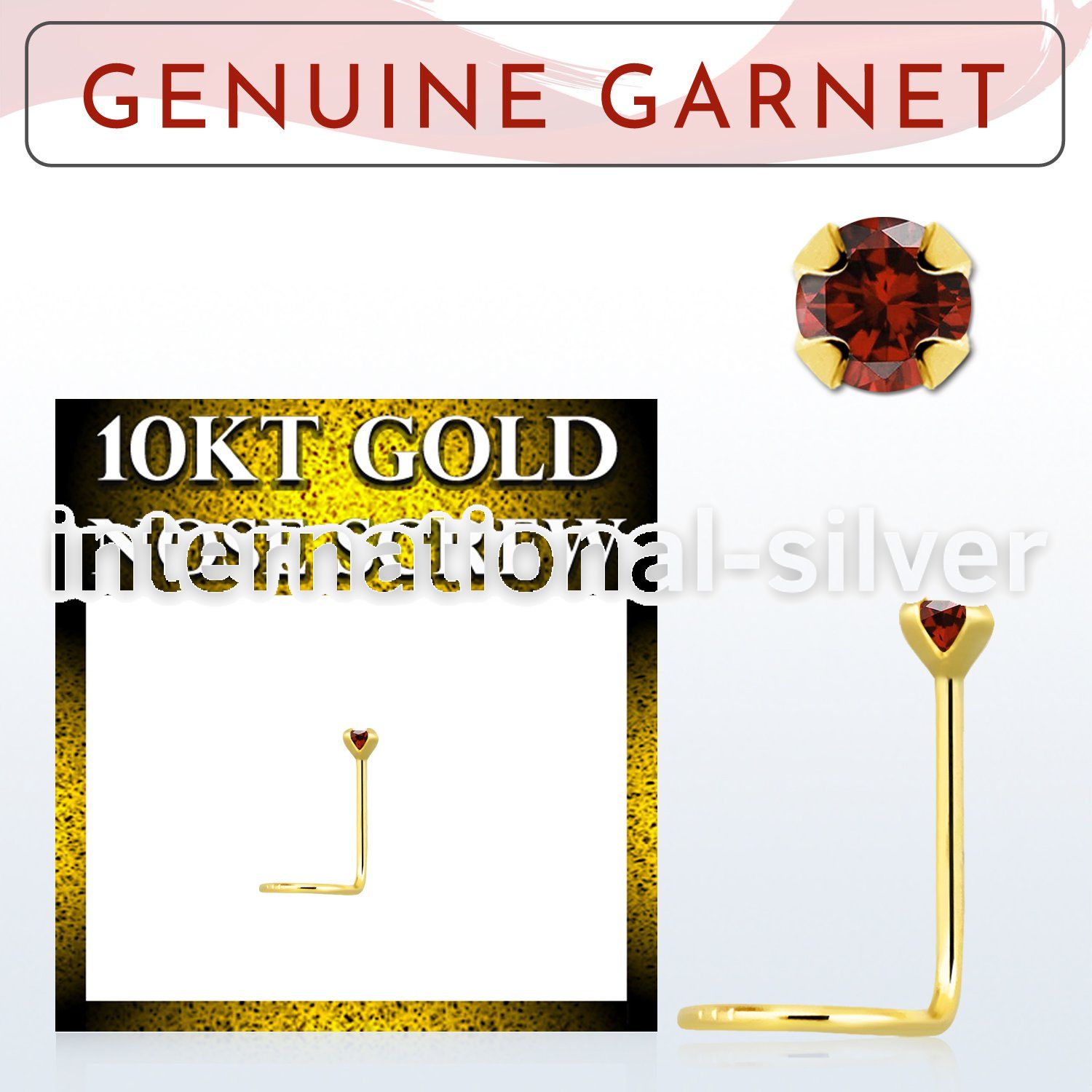 giscge2 10kt gold nose screw with a 2mm prong set garnet stone