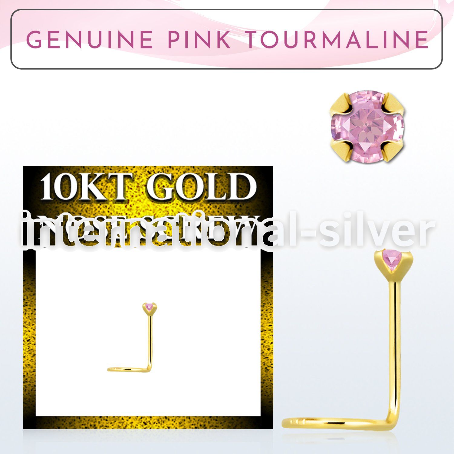 giscge3 10kt gold nose screw with 2mm prong set pink tourmaline
