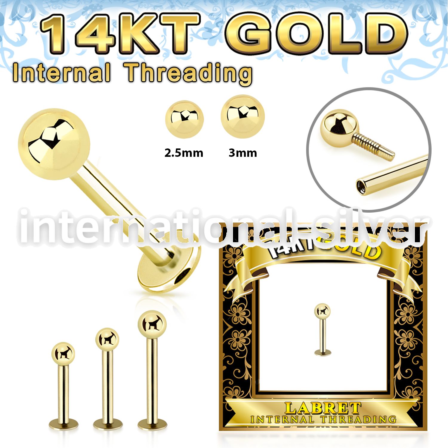 glbbi 14 karat yellow gold labret stud 16g ball top internal