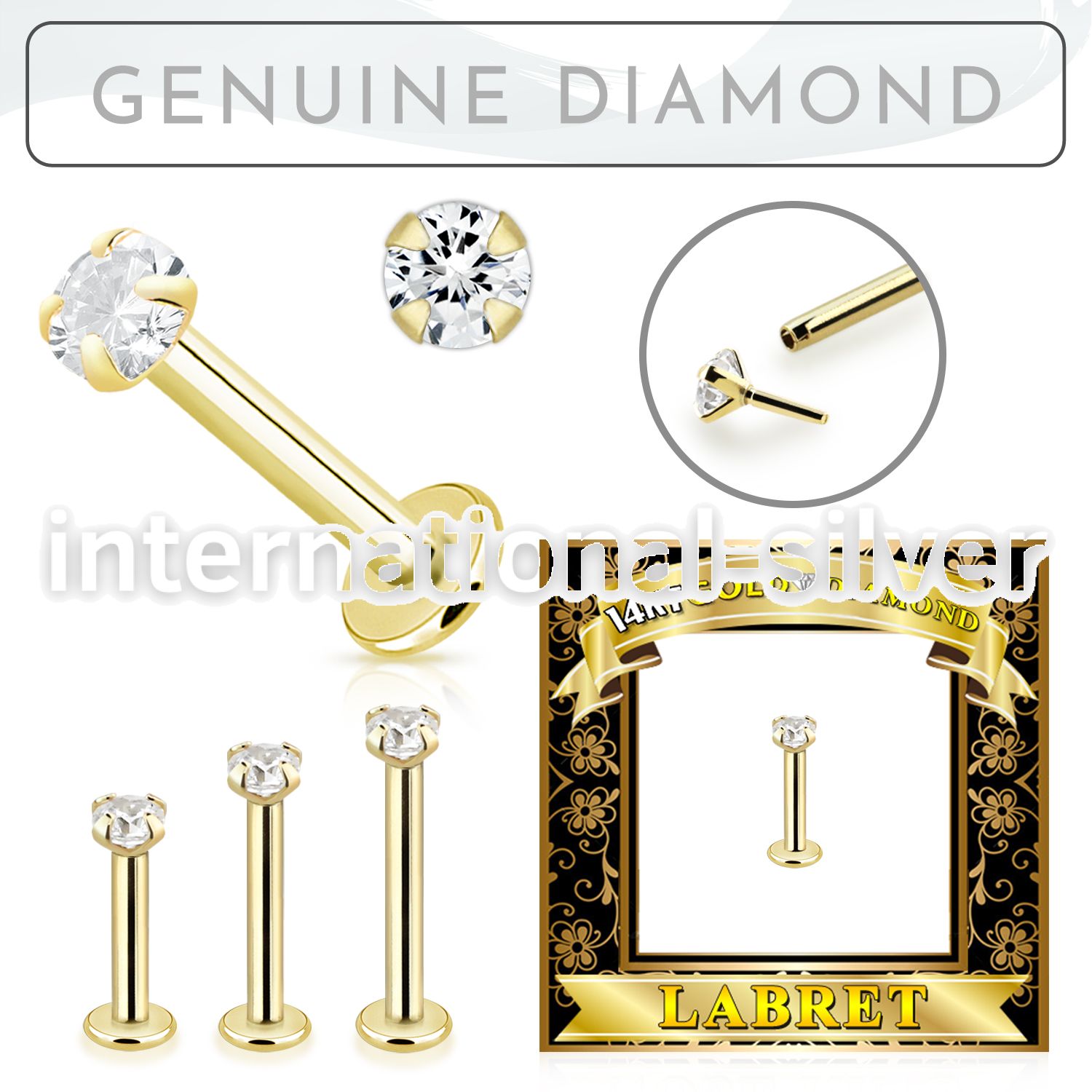 glbdi25 14k gold labret 2.5mm prong set with round diamond