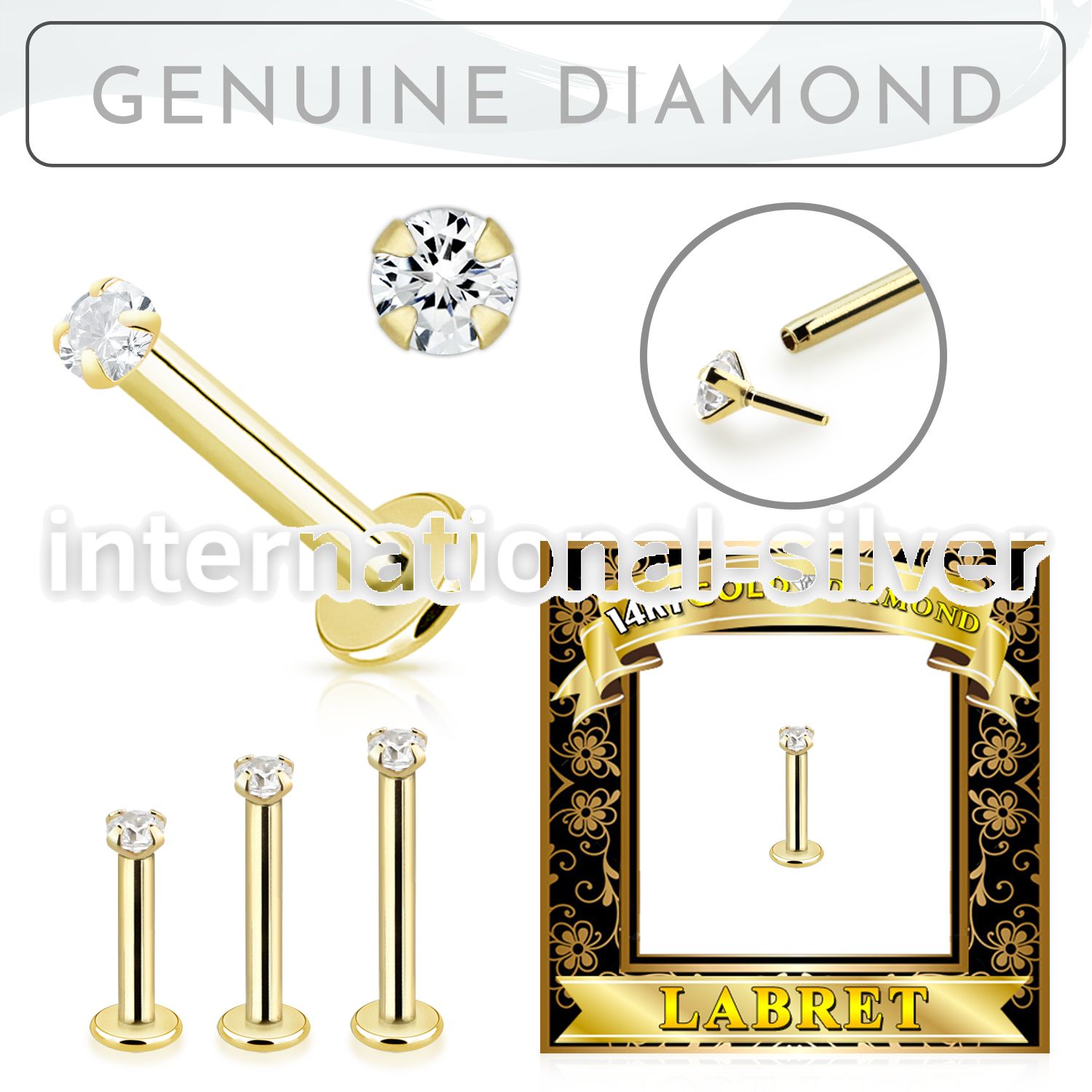 glbdi 14k gold labret 1.5mm prong set with round diamond