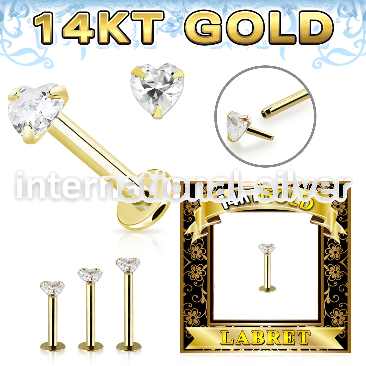 glbzh 14karat gold labret 3mm prong set heart cubic zirconia stone