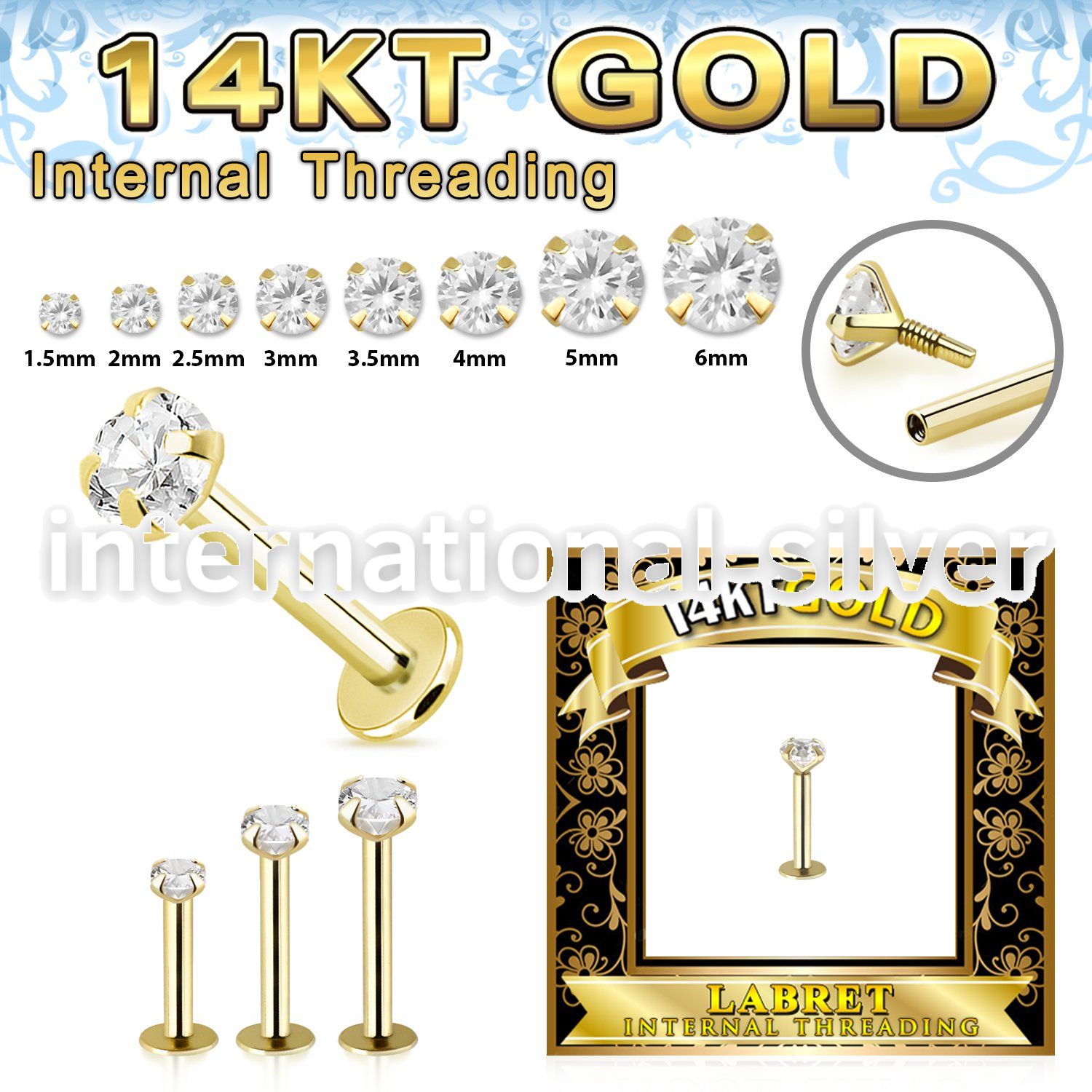 glbzi 14 karat yellow gold labret stud prong set cz internal