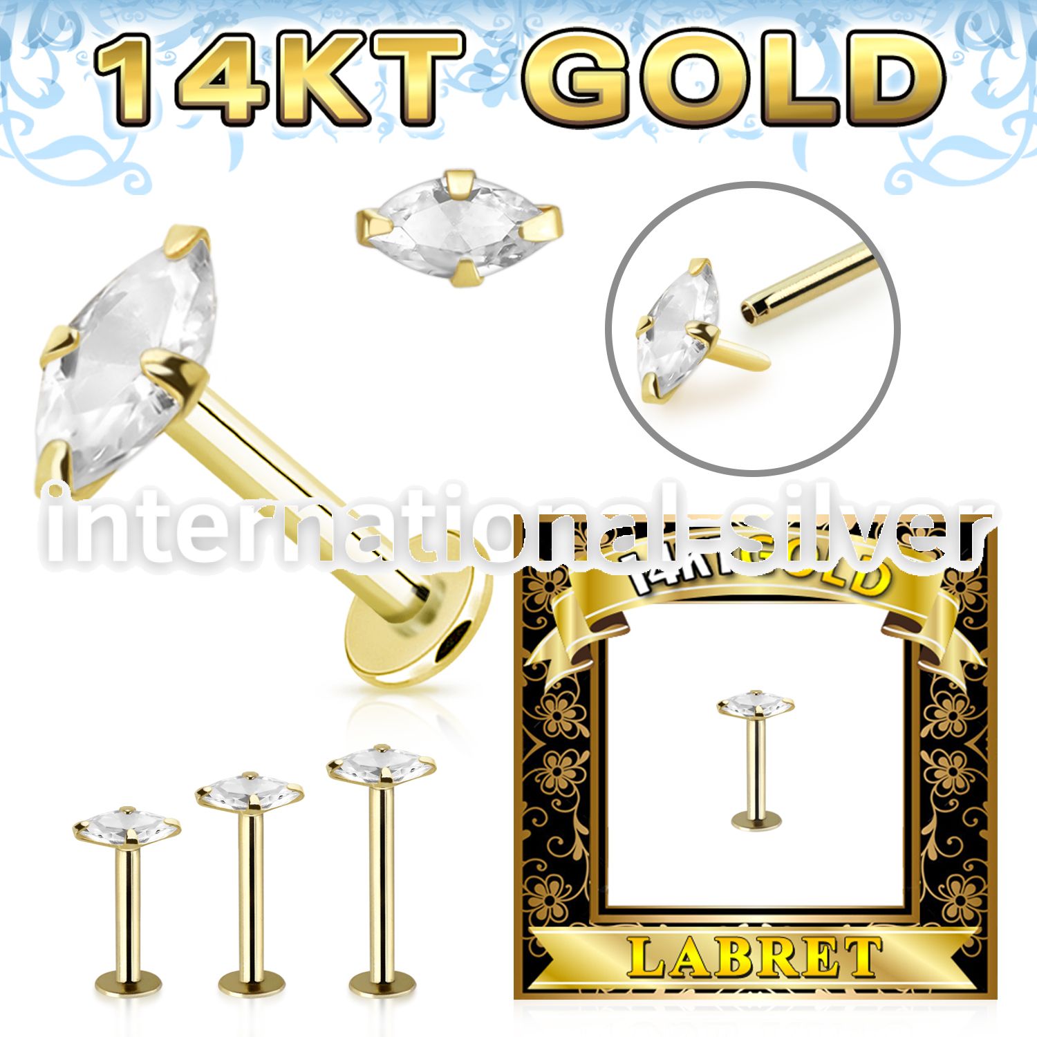 glbzmq 14karat gold labret stud prongset cz marquise