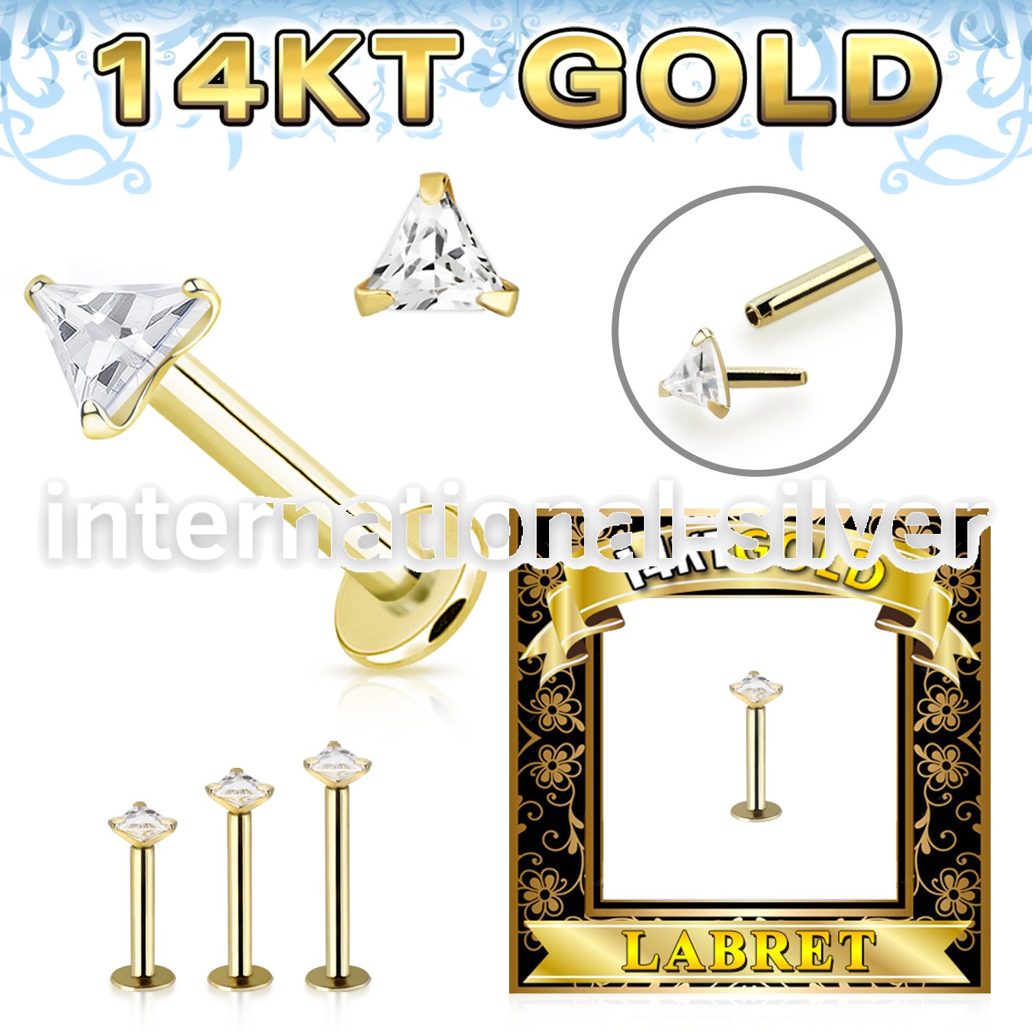 glbzt 14karat gold labret 3mm prong set triangle cubic zirconia stone