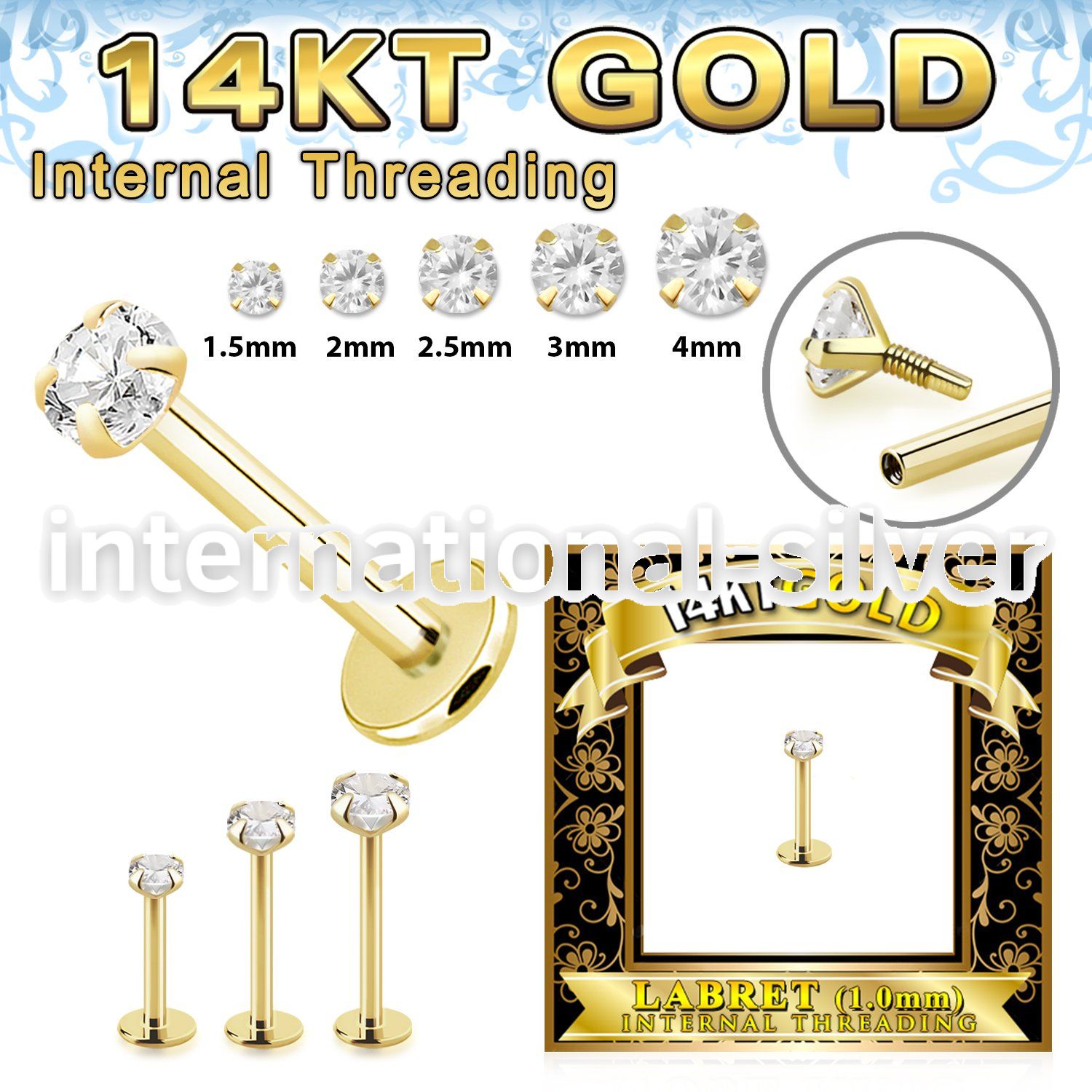glbzxi 14 karat yellow gold labret stud 18g cz internal