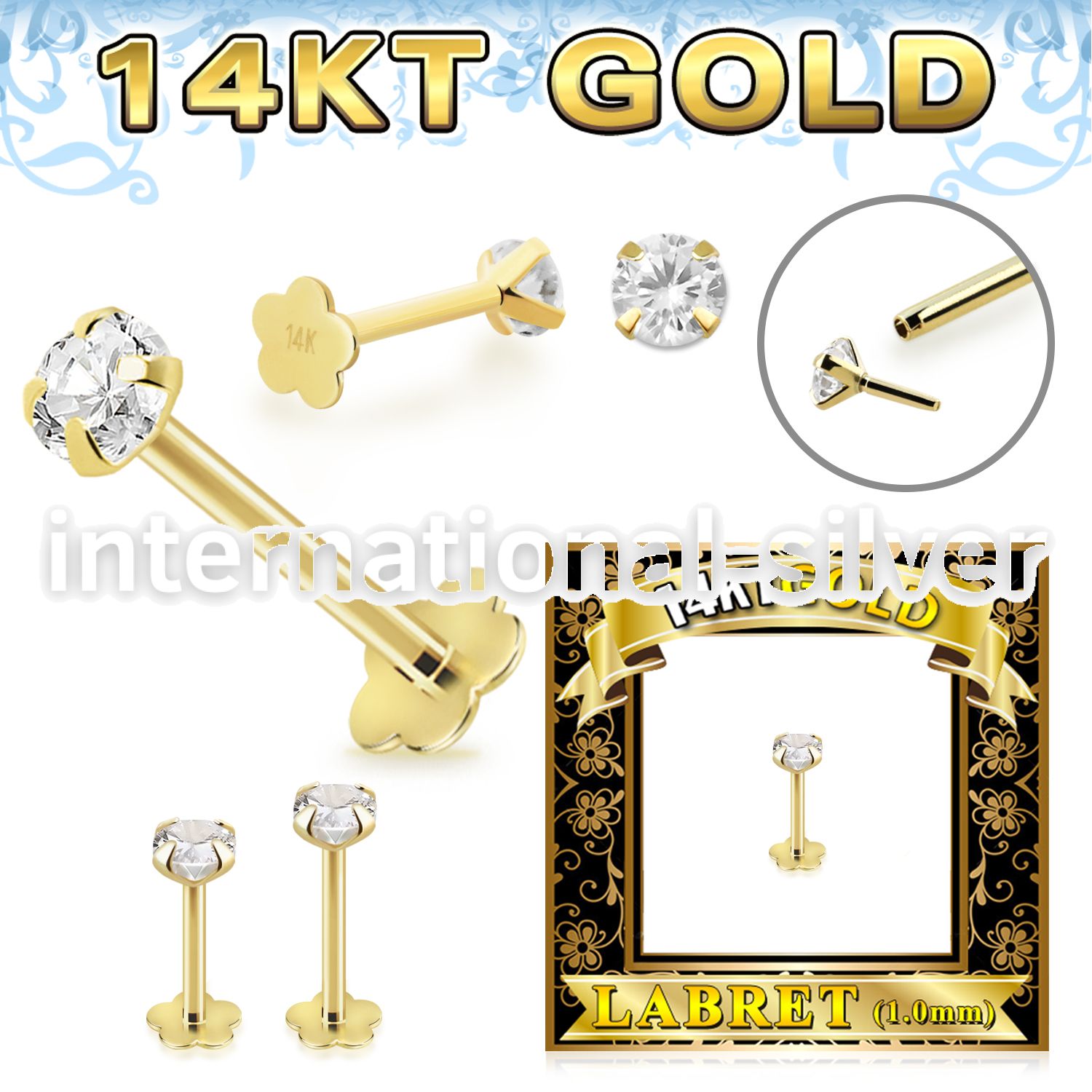 glfzx 14karat gold labret clear cz push pin prong flower