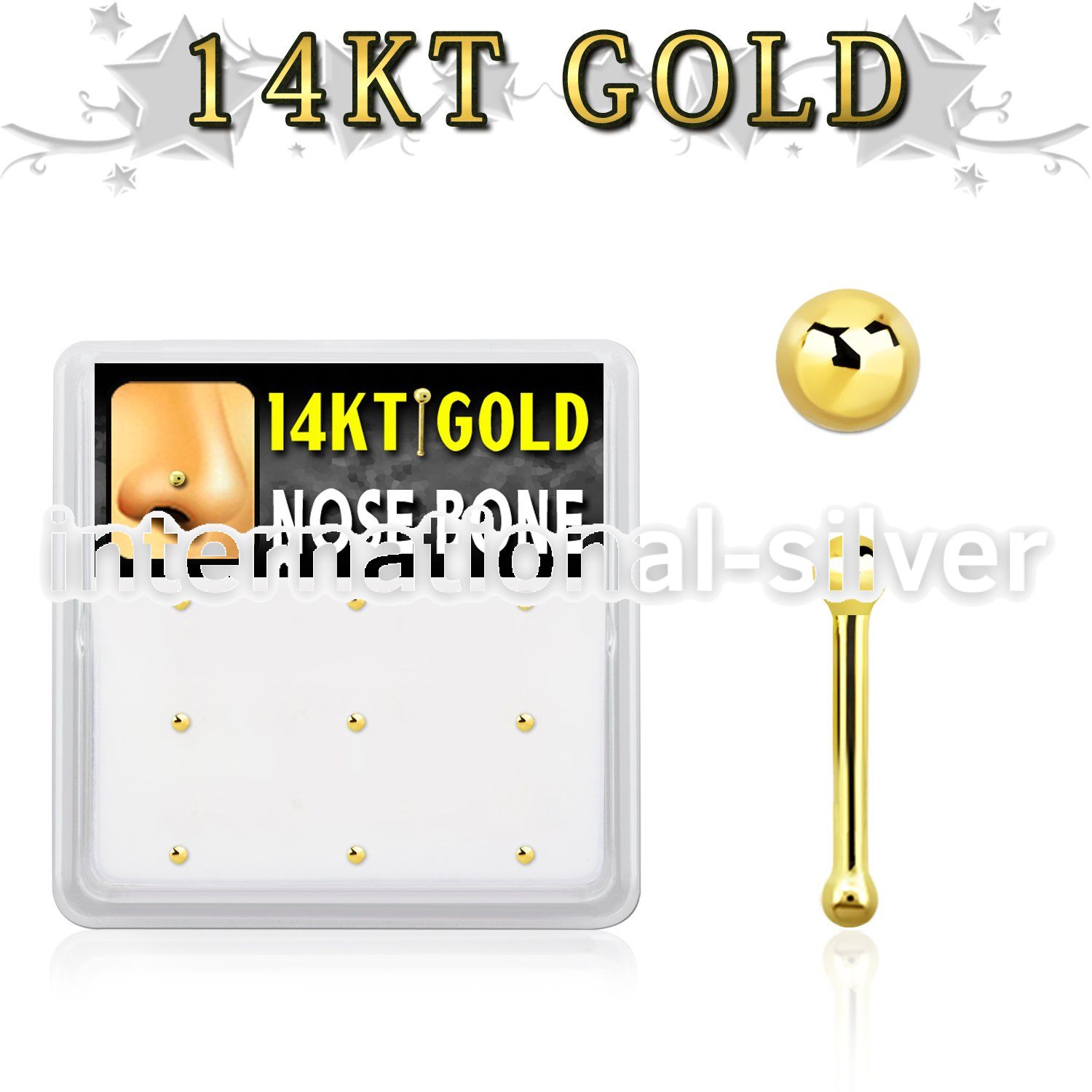 gnb3x box w 14kt gold nose bones, 20g w 1.5mm ball shaped top