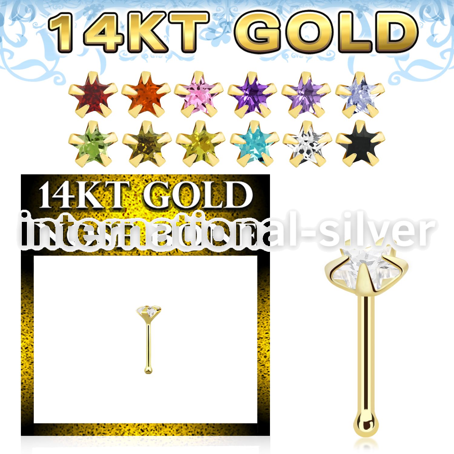 gnbsc1 14k gold nose bone with cz star 1pcs