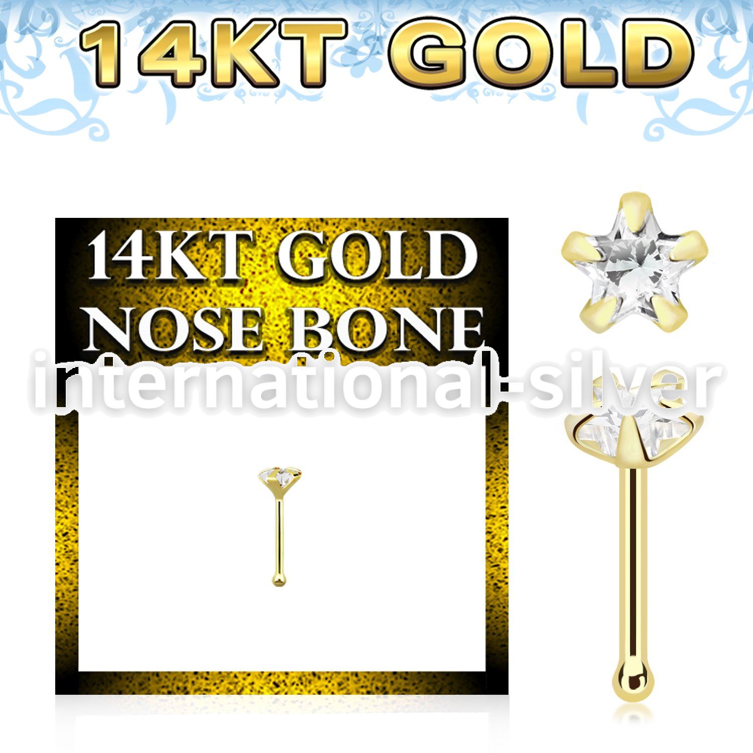 gnbsc1 14karat yellow gold nose bone round cz star