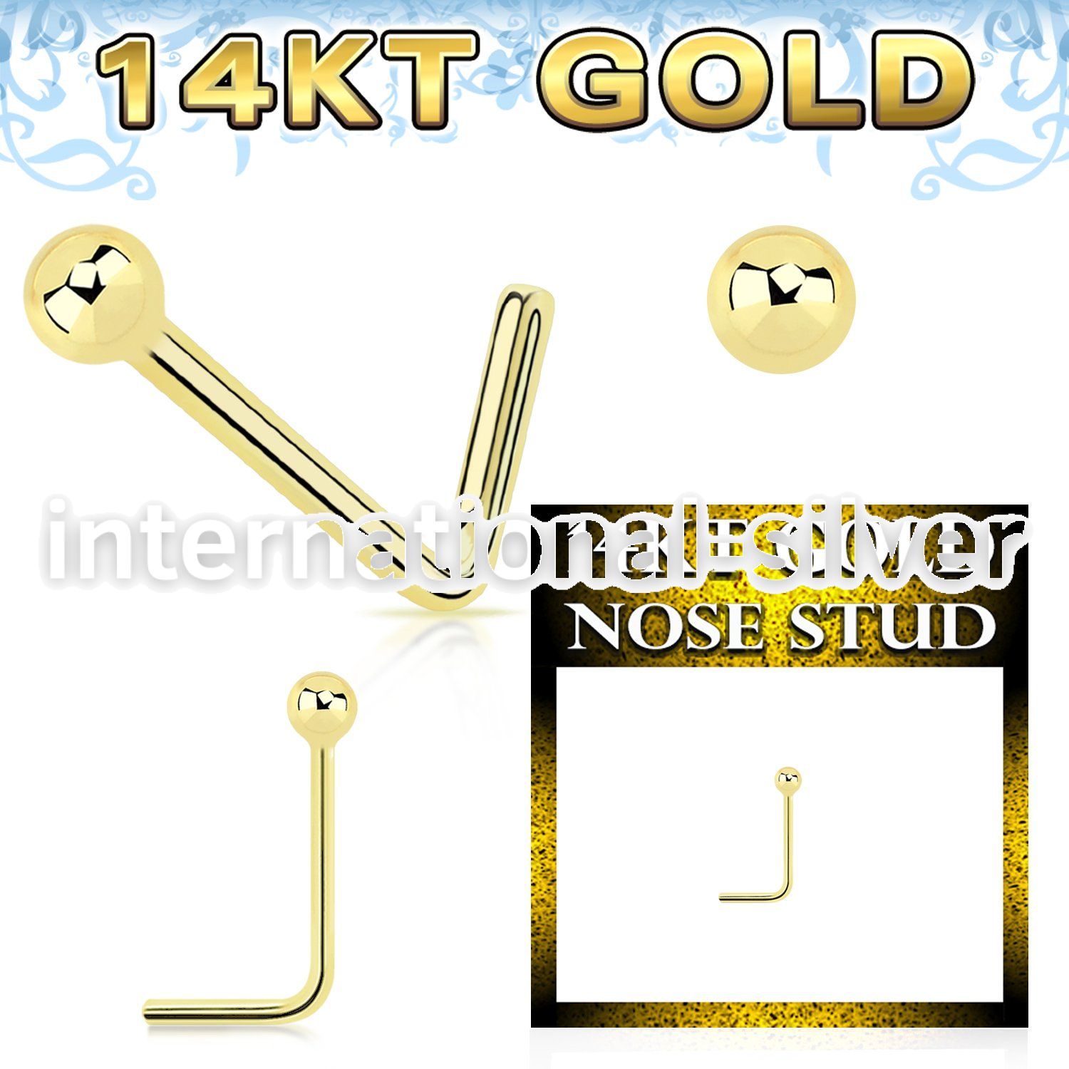 gnsb1 14 karat gold l shaped nose stud 22g a plain ball top