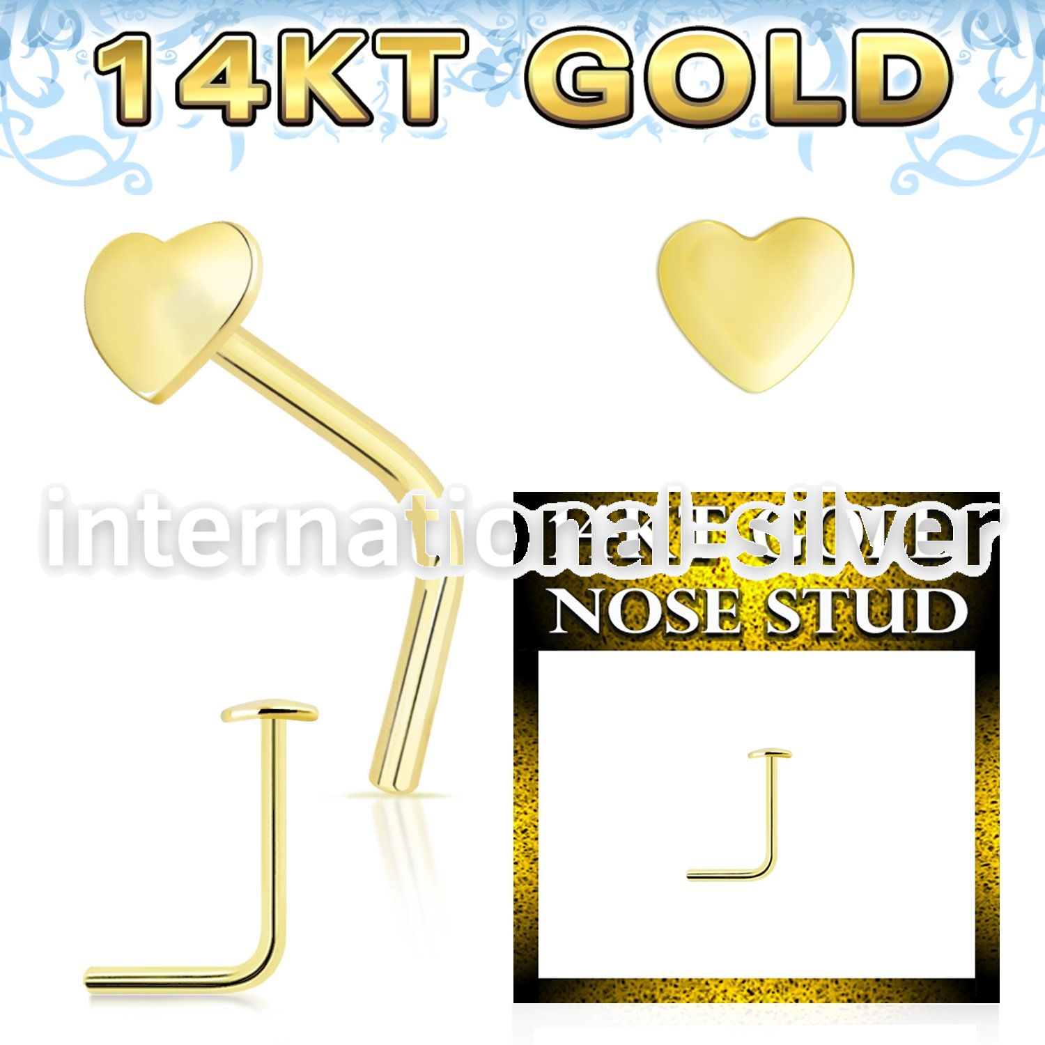 gnsht 14 karat yellow gold l shaped nose stud 22g heart