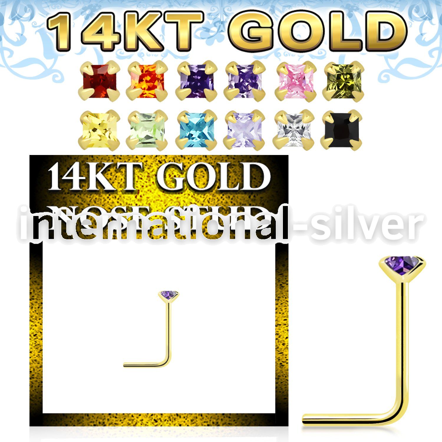 gnsqm1 14 karat gold l shaped nose stud square color cz
