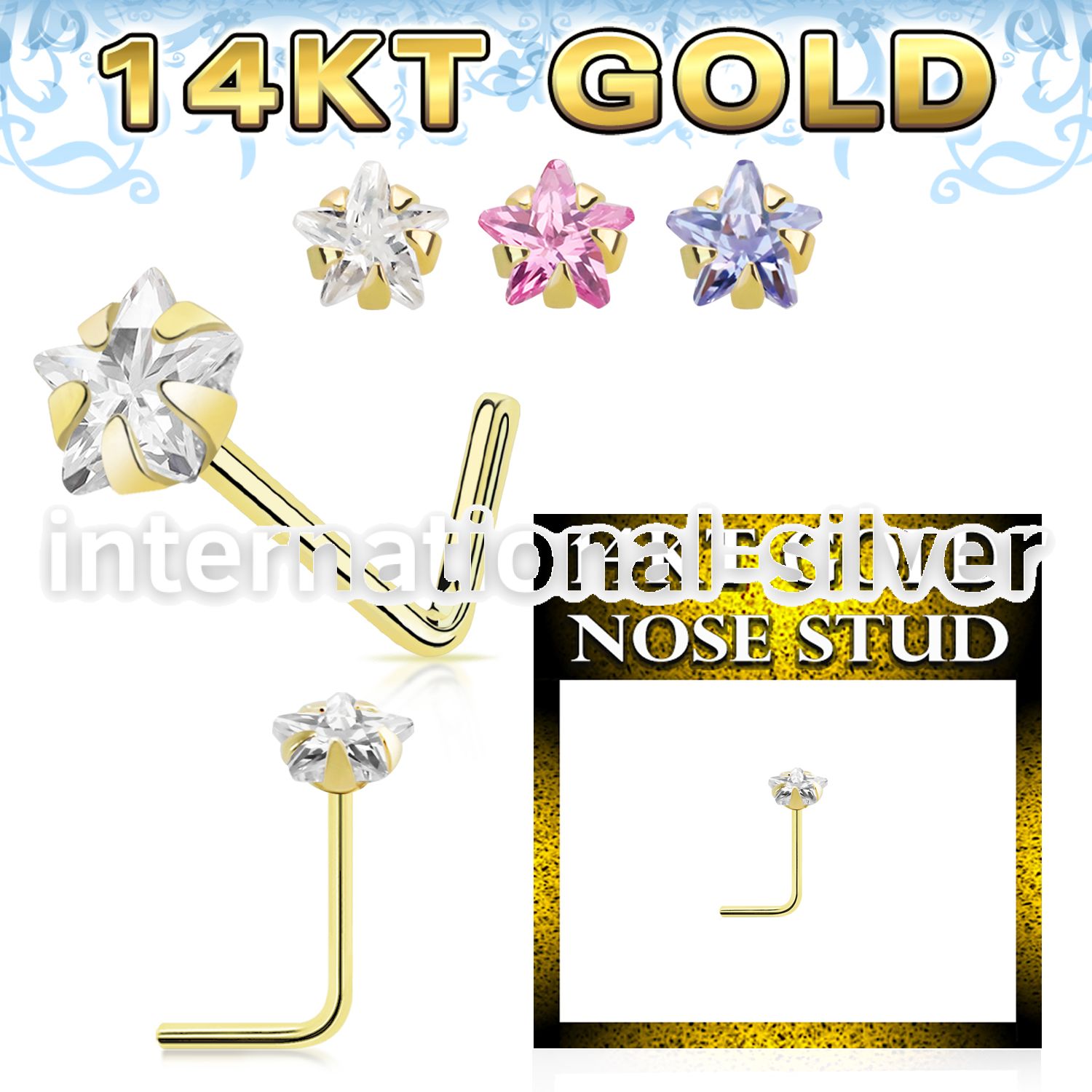 gnssrm1 14 karat gold l shaped nose stud 22g star color cz