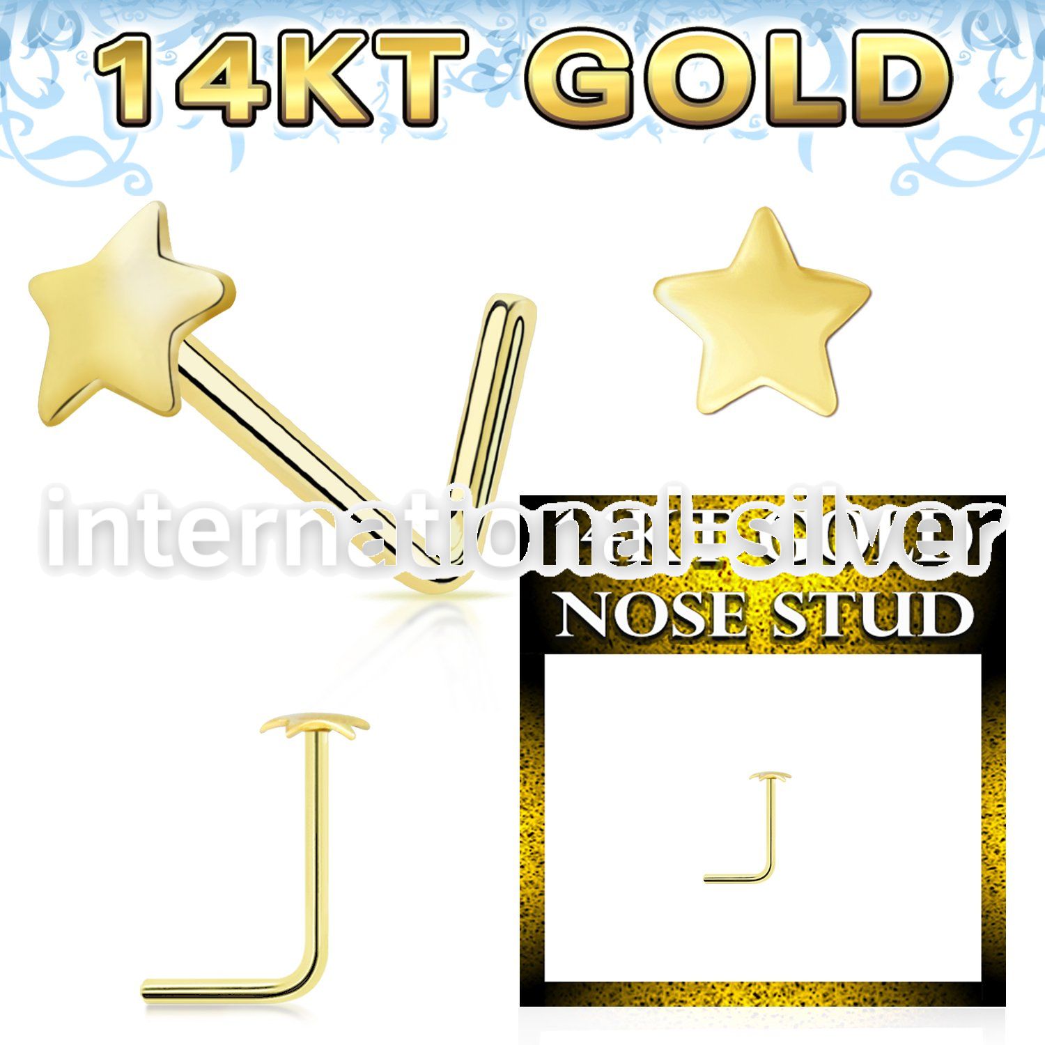 gnsst 14 karat yellow gold l shaped nose stud 22g star top