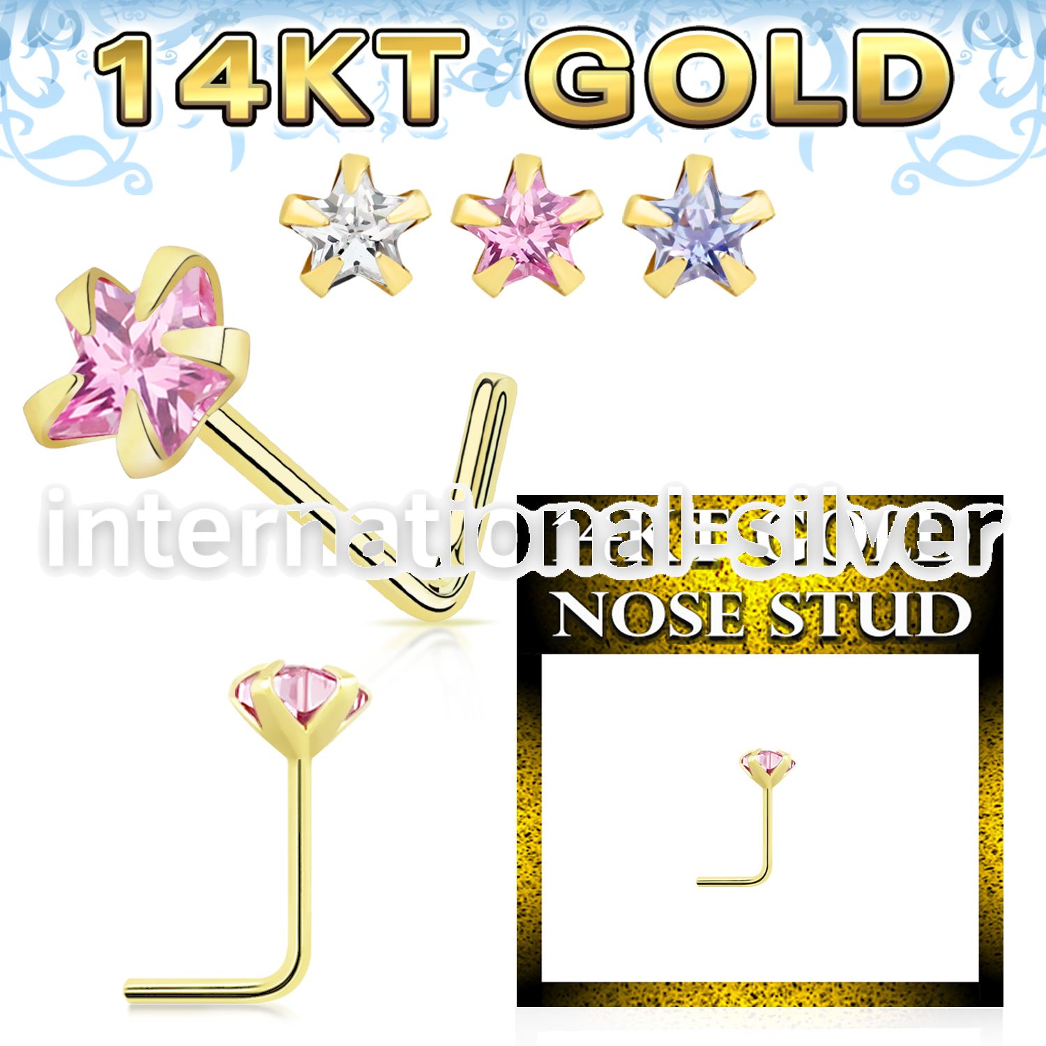 gnszsm1 14 karat yellow gold l shaped nose stud 22g star cz