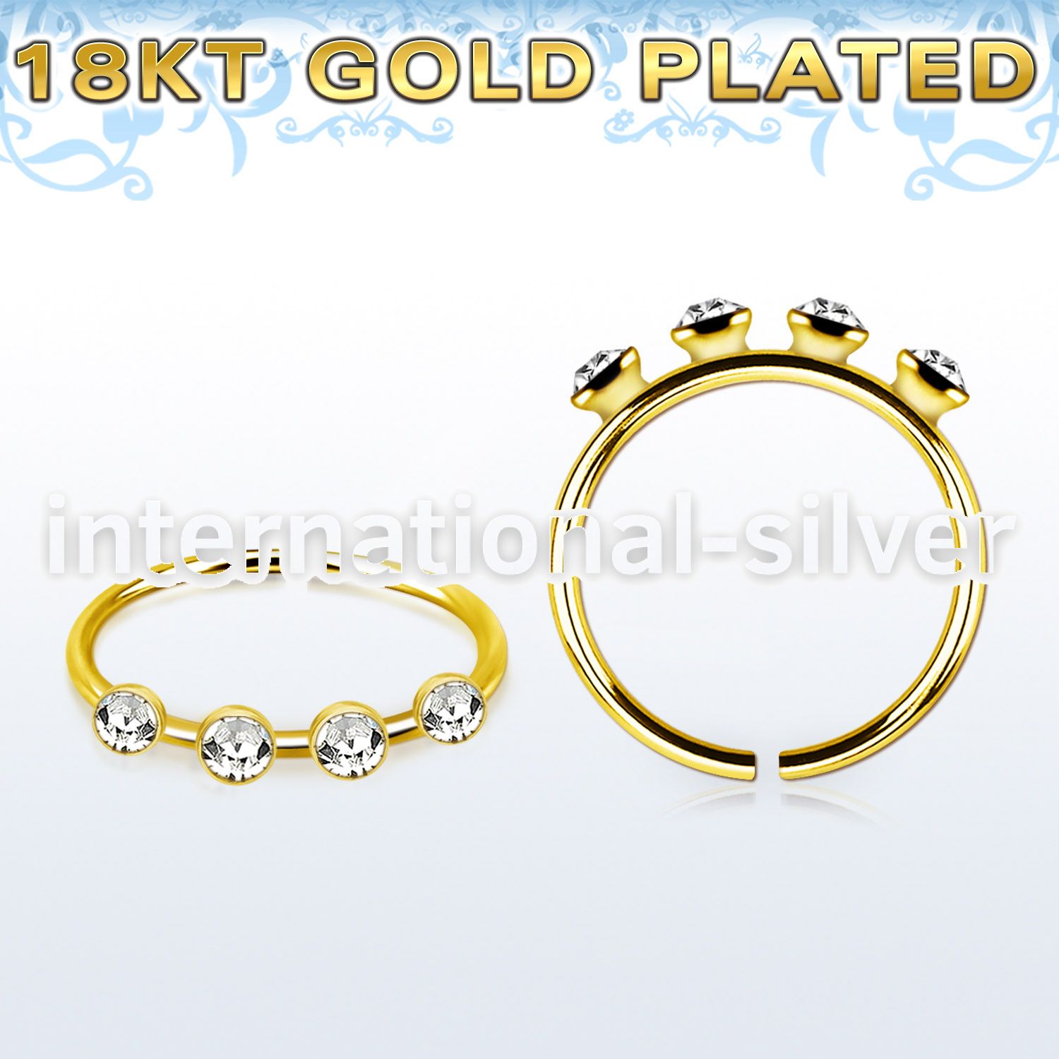gold plated silver nose hoop w four 1.5mm round crystals 