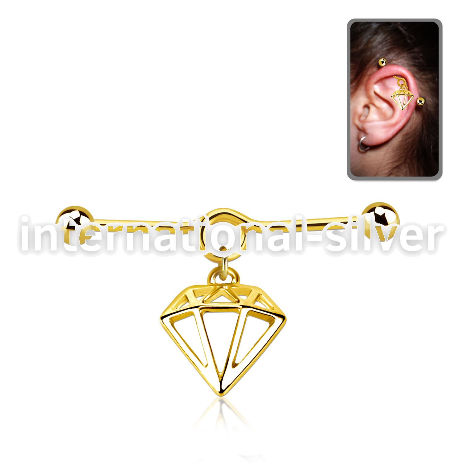 gold plated steel industrial loop barbell w diamond 