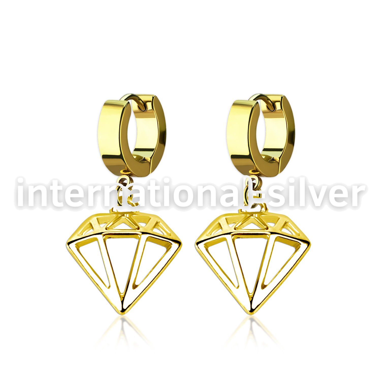 gold pvd plated steel huggies w diamond dangling 