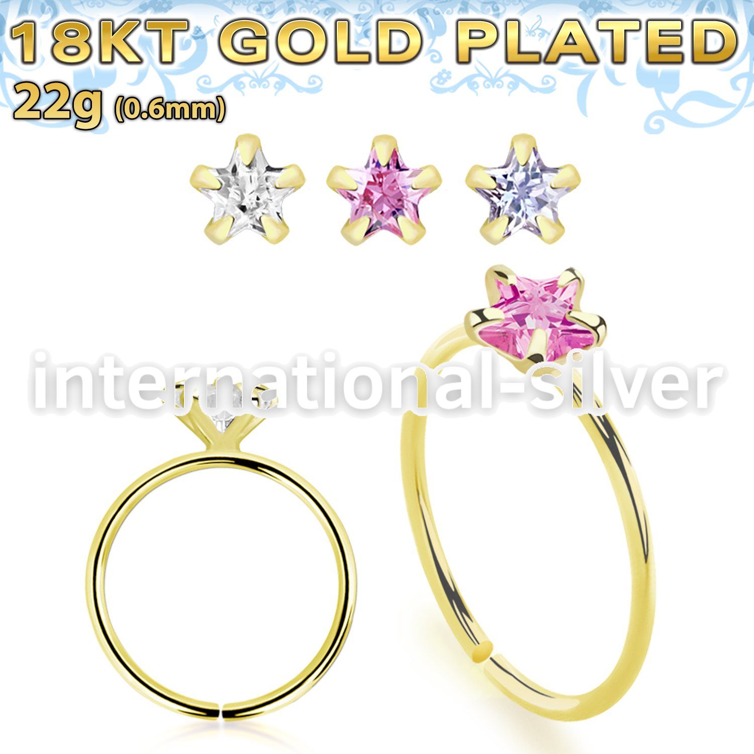 gpzsm22 18 karat plated silver seamless nose ring 22g star