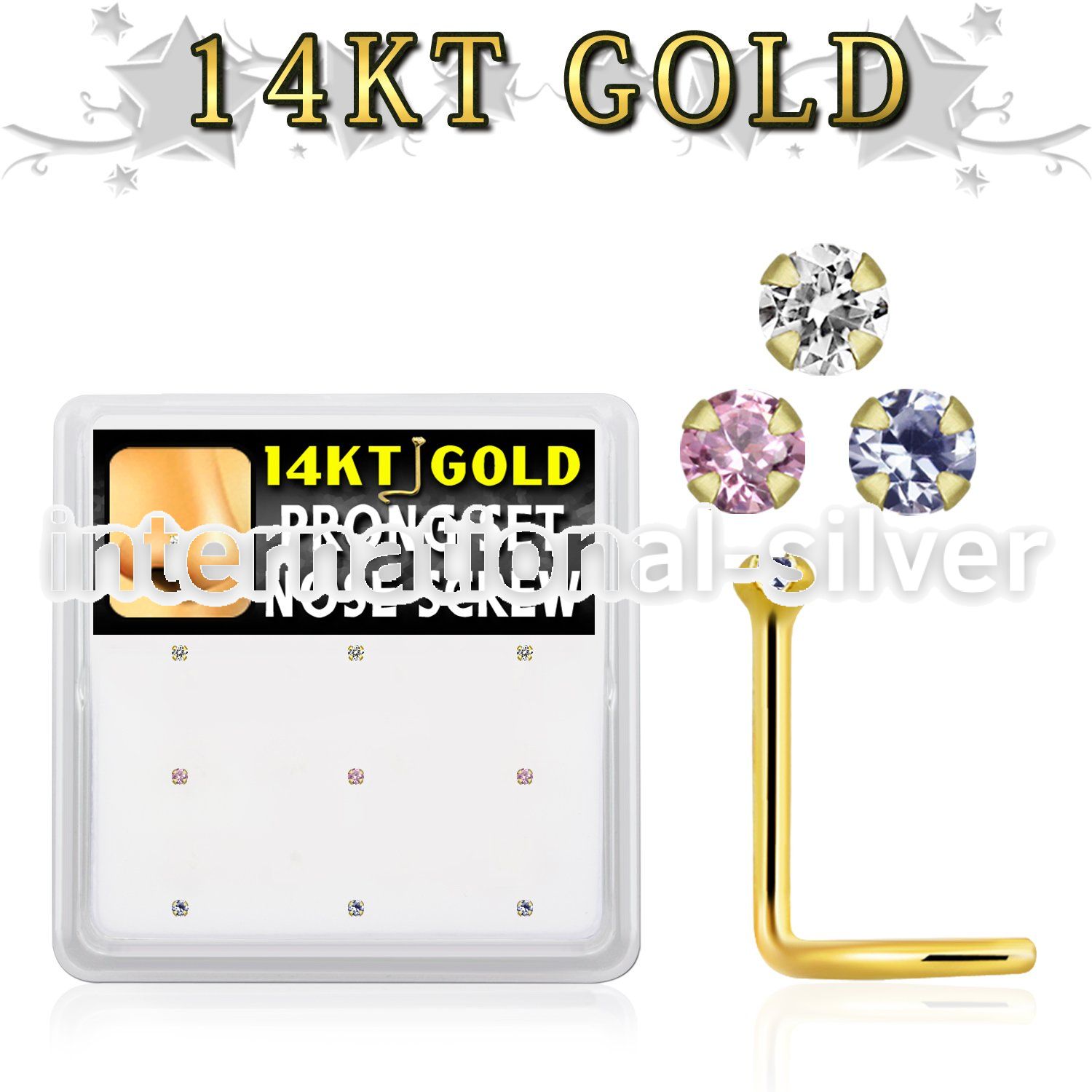 gsc1x box w 14kt gold nose screws, 20g w 1.5mm prong set cz