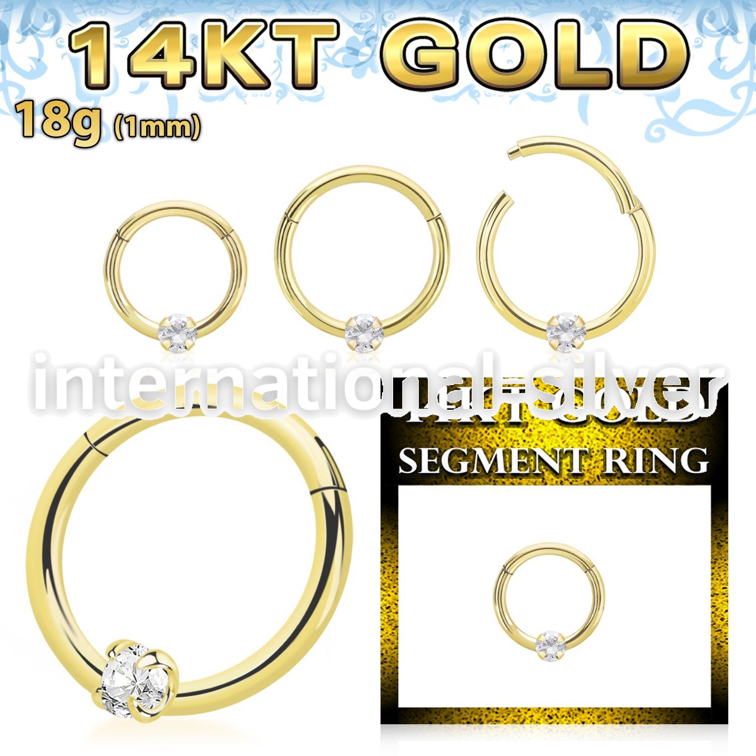 gsegh18z2 14 karat gold hinged segment hoop 18g prong set cz