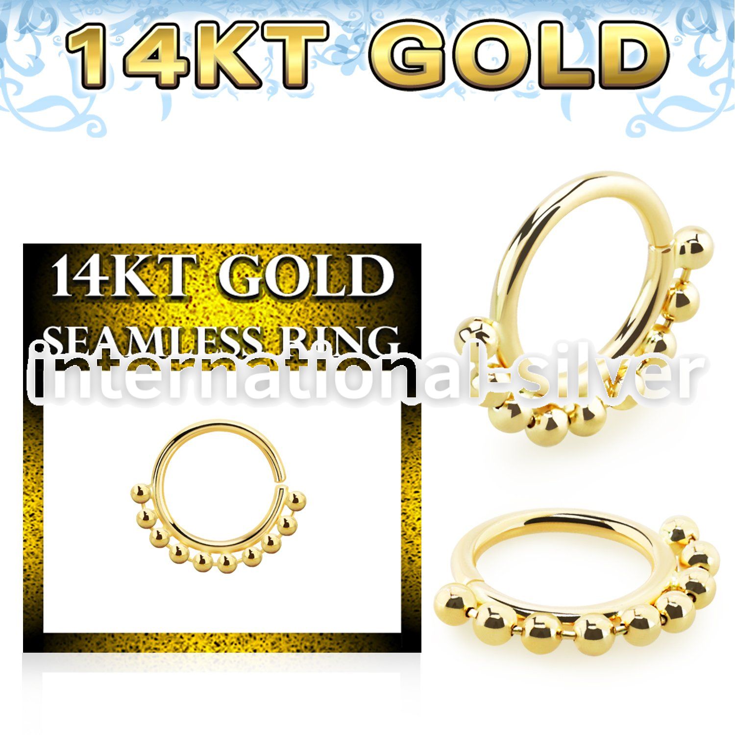 gspv18 14 karat gold seamless nose hoop 18g chain balls
