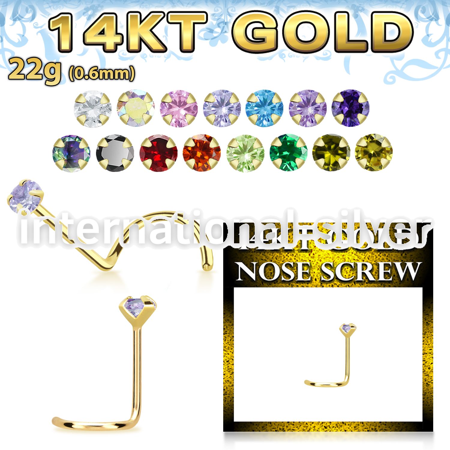 gszm25 14kt yellow gold nose screw prong set color cz