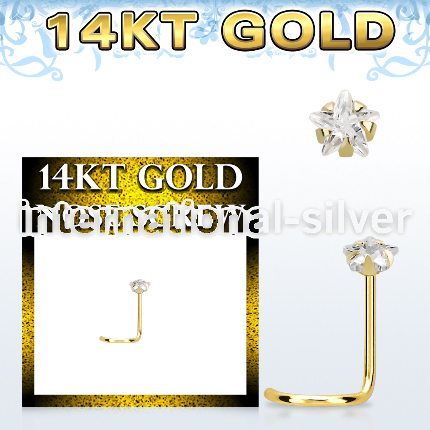 gszsrm1 14karat solid gold nose screw 3mm prong set star cubic zirconia stone