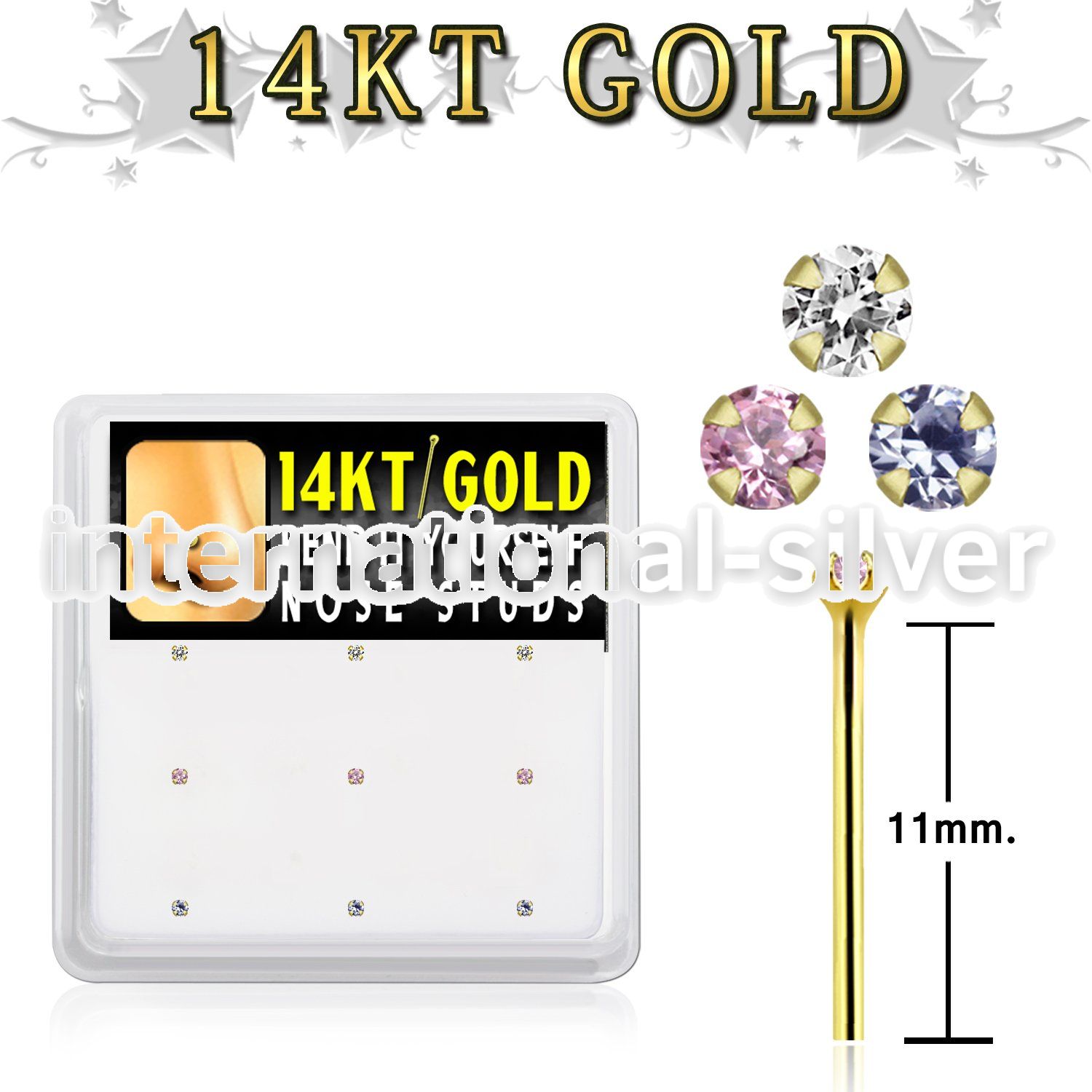 gys1x box 14kt gold bend it nose studs, 20g w 1.5mm czs 