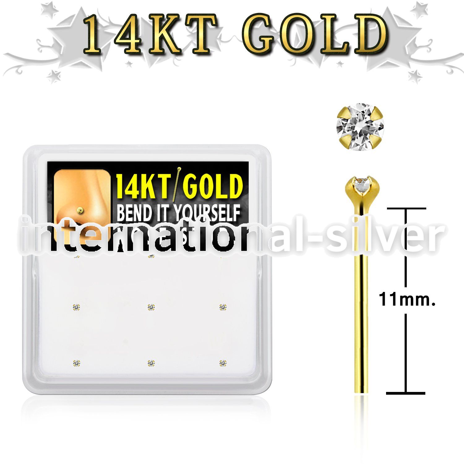 gys2x box 14kt gold bend it nose studs 20g w 1.5mm clear cz 