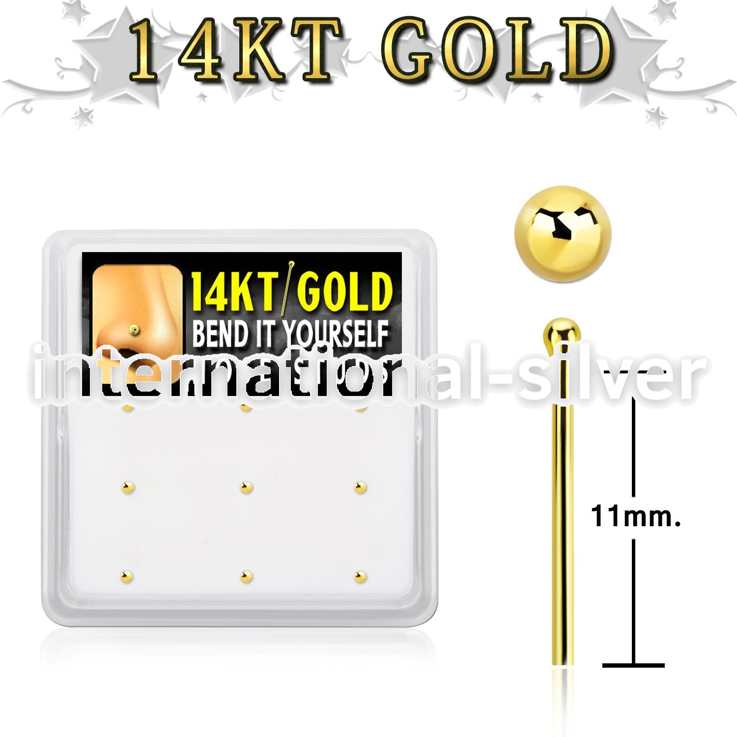 gys3x box w 14kt gold bend it nose stud 20g w 1.5mm ball top