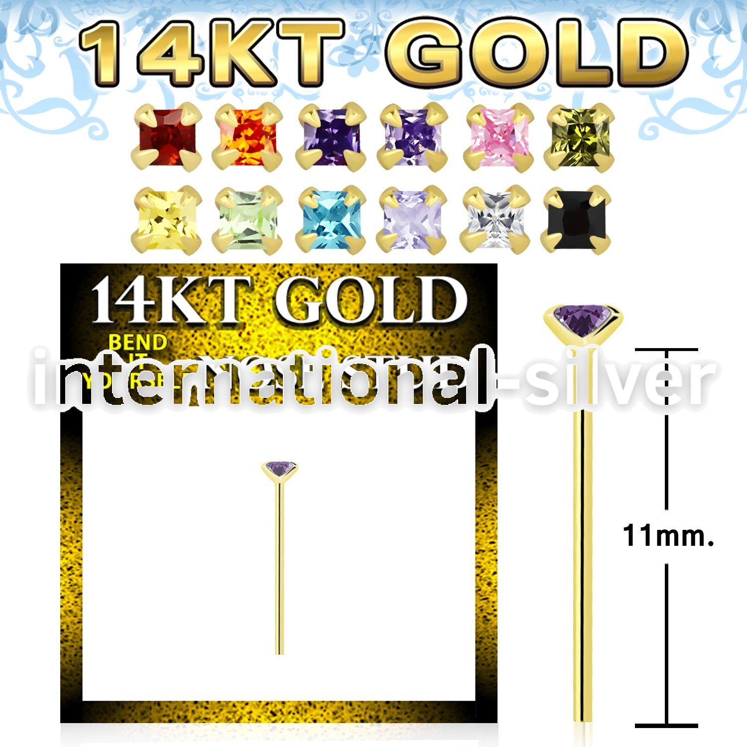 gyzqm1 14karat gold bend it to fit nose stud square color cz