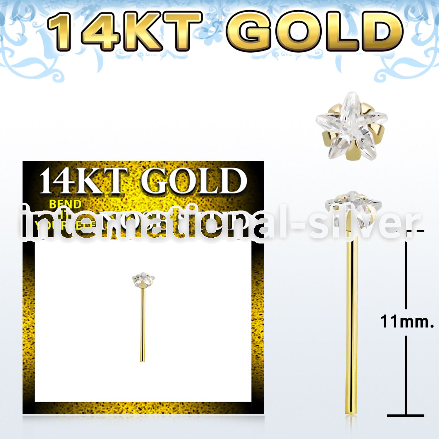 gyzsrm1 14karat gold self bending 3mm prong set star cubic zirconia (cz) stone