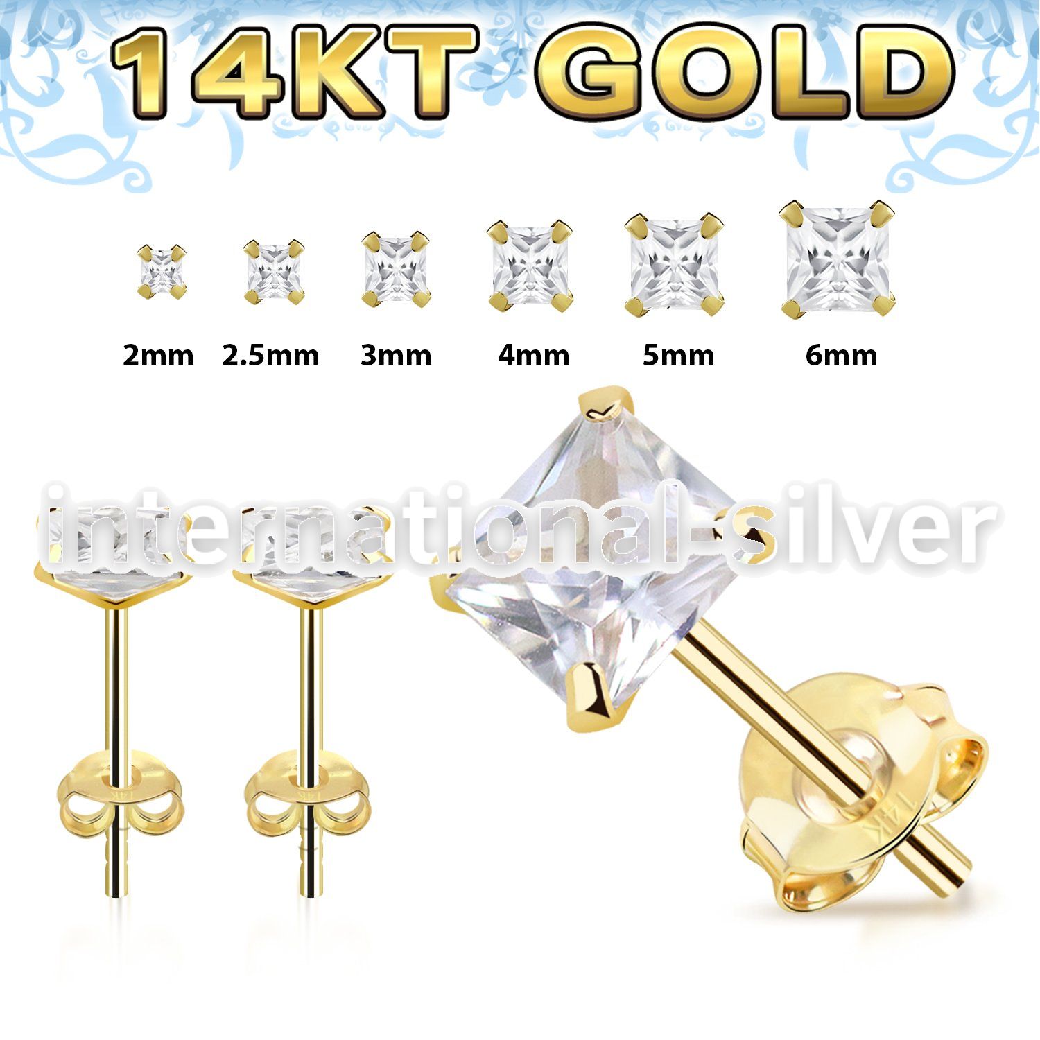 gzq 1 pair 14k yellow gold earring studs square prong cz