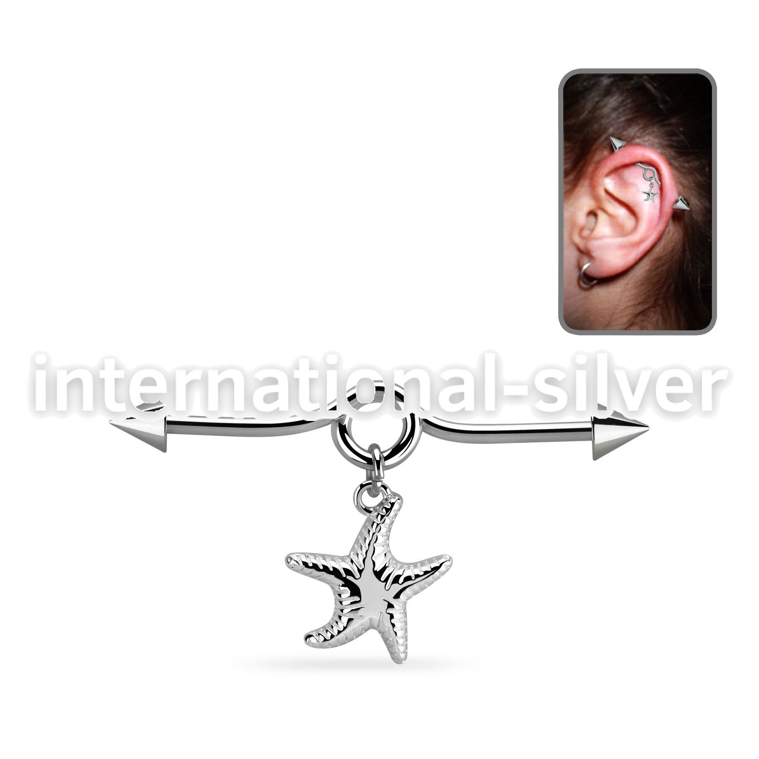 incnd16 steel industrial loop barbell w cone dangling starfish