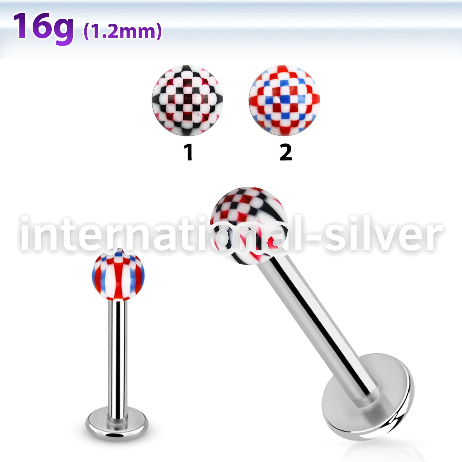 lbdxu steel labret w a 3mm acrylic ball w checker pattern