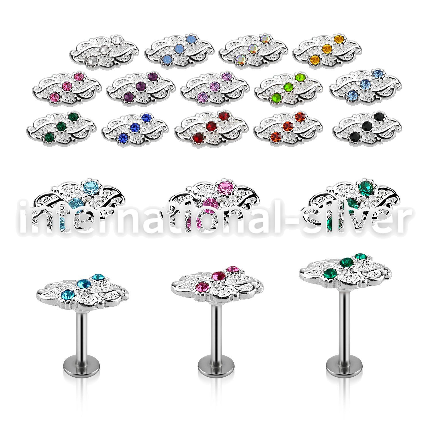 lbfw4c steel labret w a leave upper part w three crystals