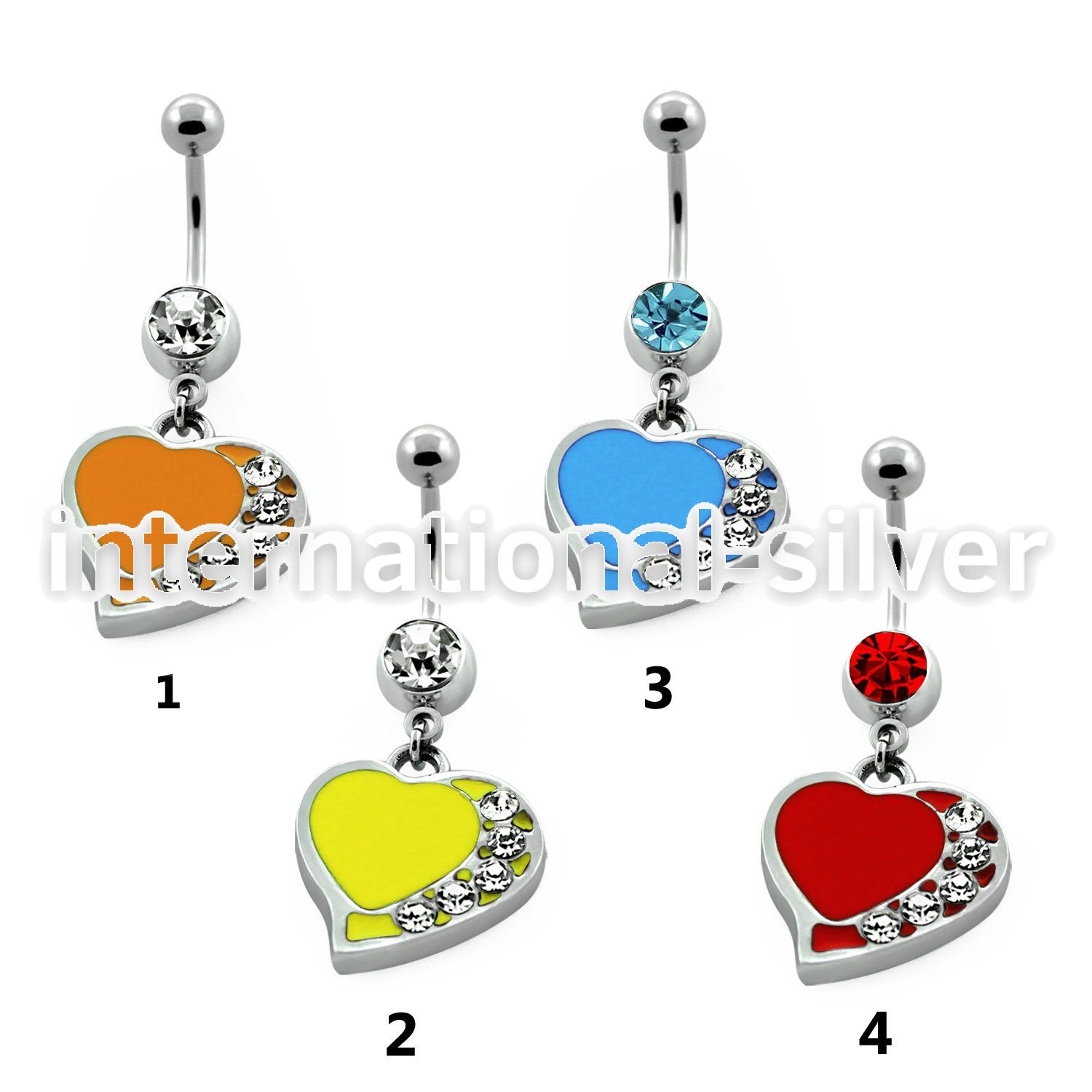 mcd407 316l steel belly banana w painted crystal heart dangle