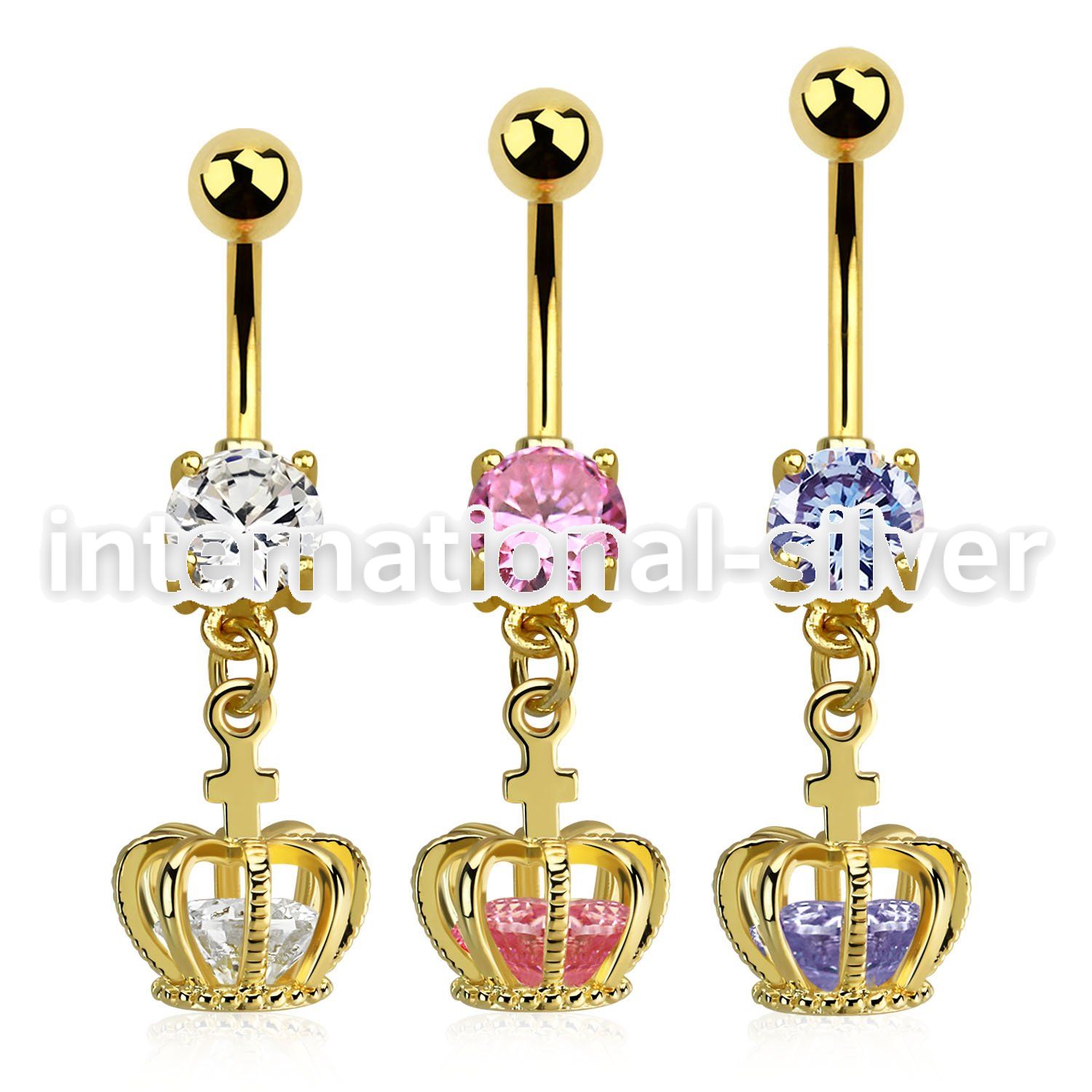 mdgz590 gold steel belly banana w cz dangling crown w cz