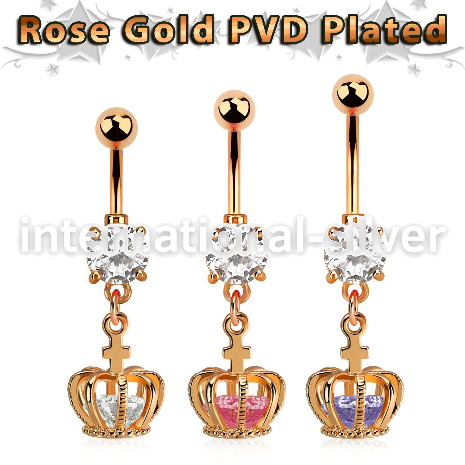 mdrz590 rose gold steel belly banana w cz dangling crown w cz
