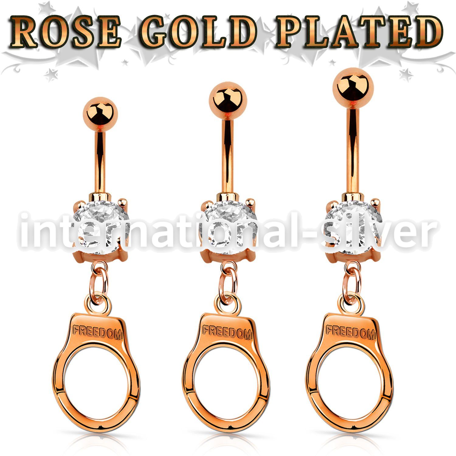 mdrz765c rose gold steel belly banana w cz dangling handcuff