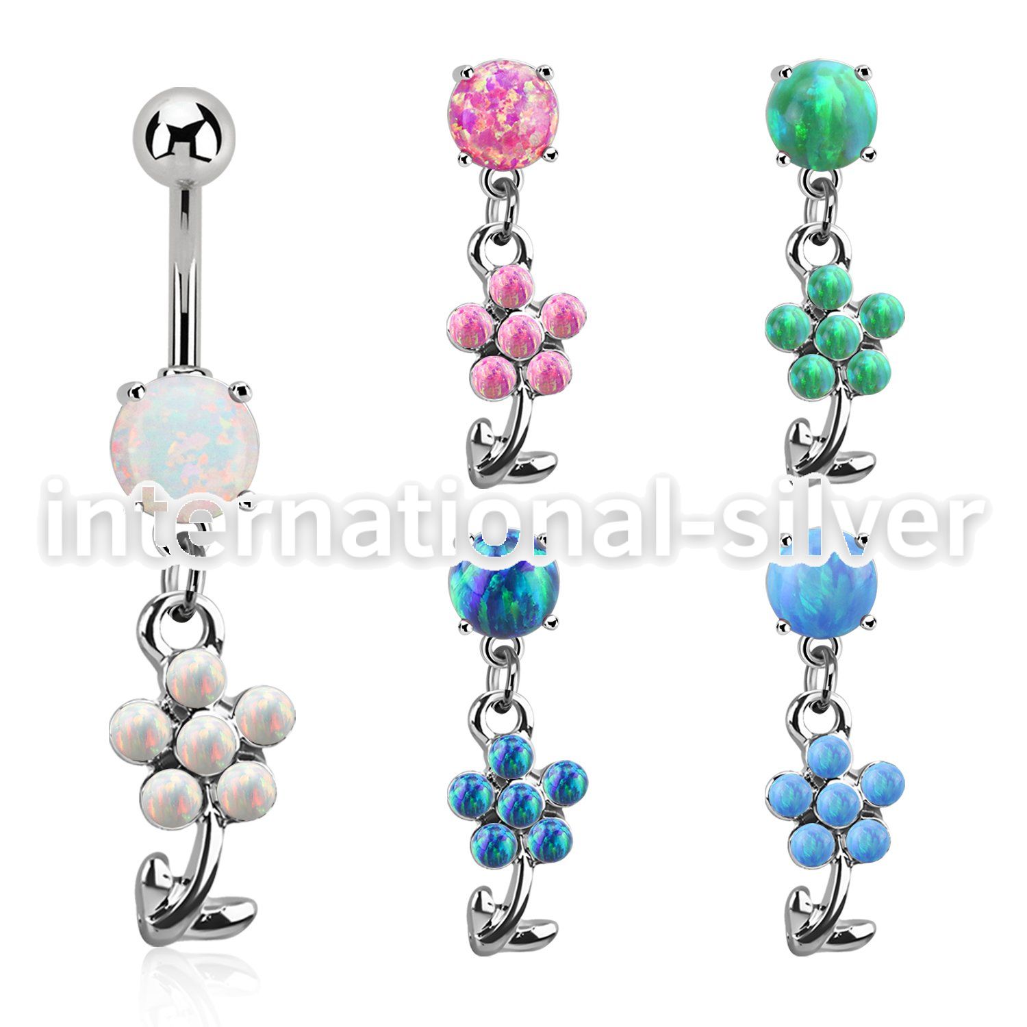 moopfl15 steel belly banana w 7mm opal dangling flower 5 petals