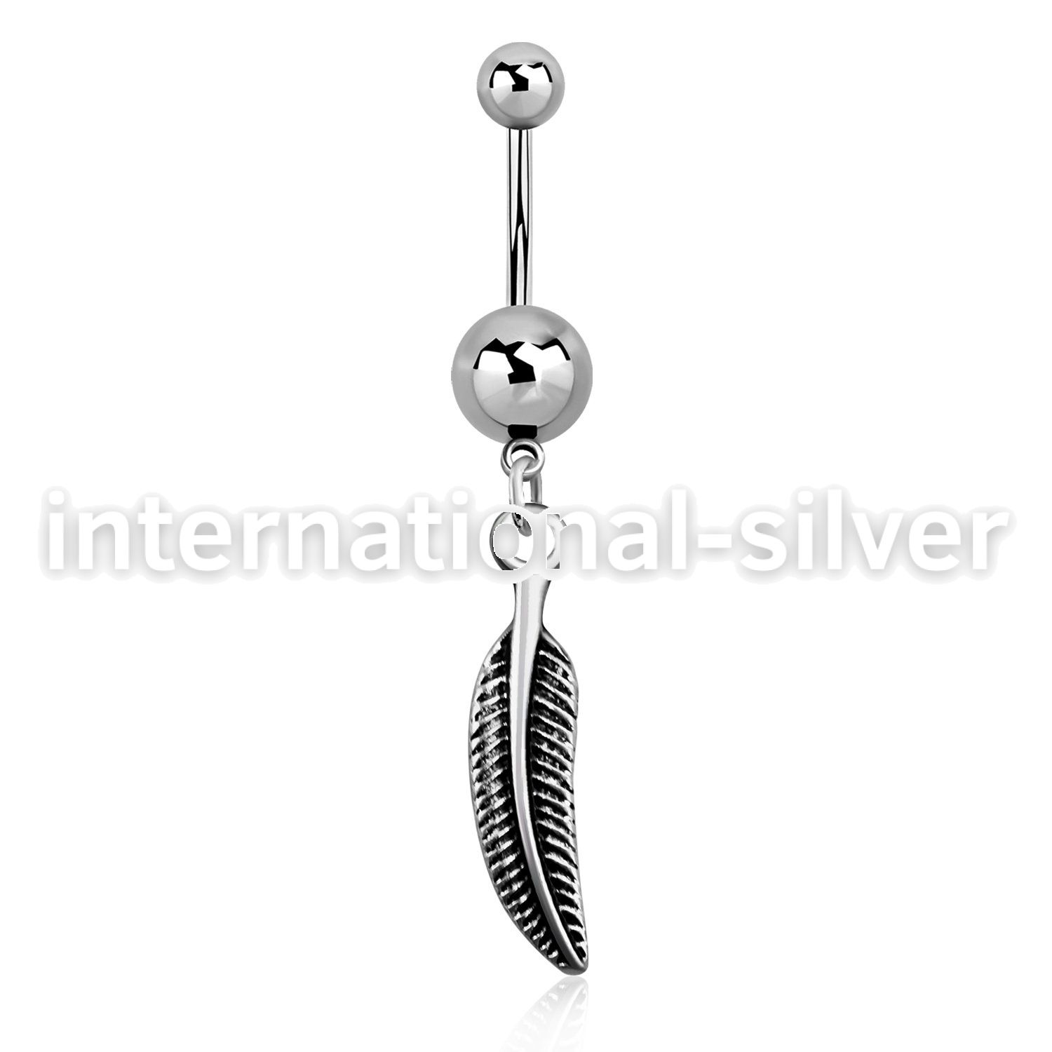 msd638 316l steel belly banana w a dangling curved feather