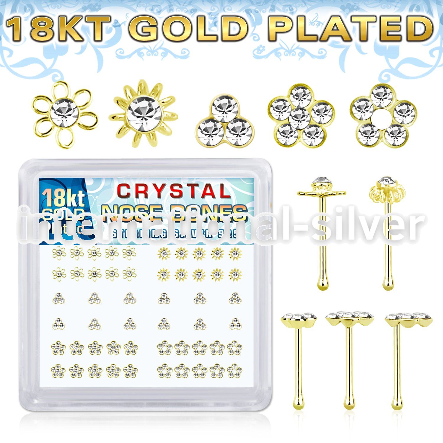 nbbxm7cg 18k gold plated silver nose bones with clear flower